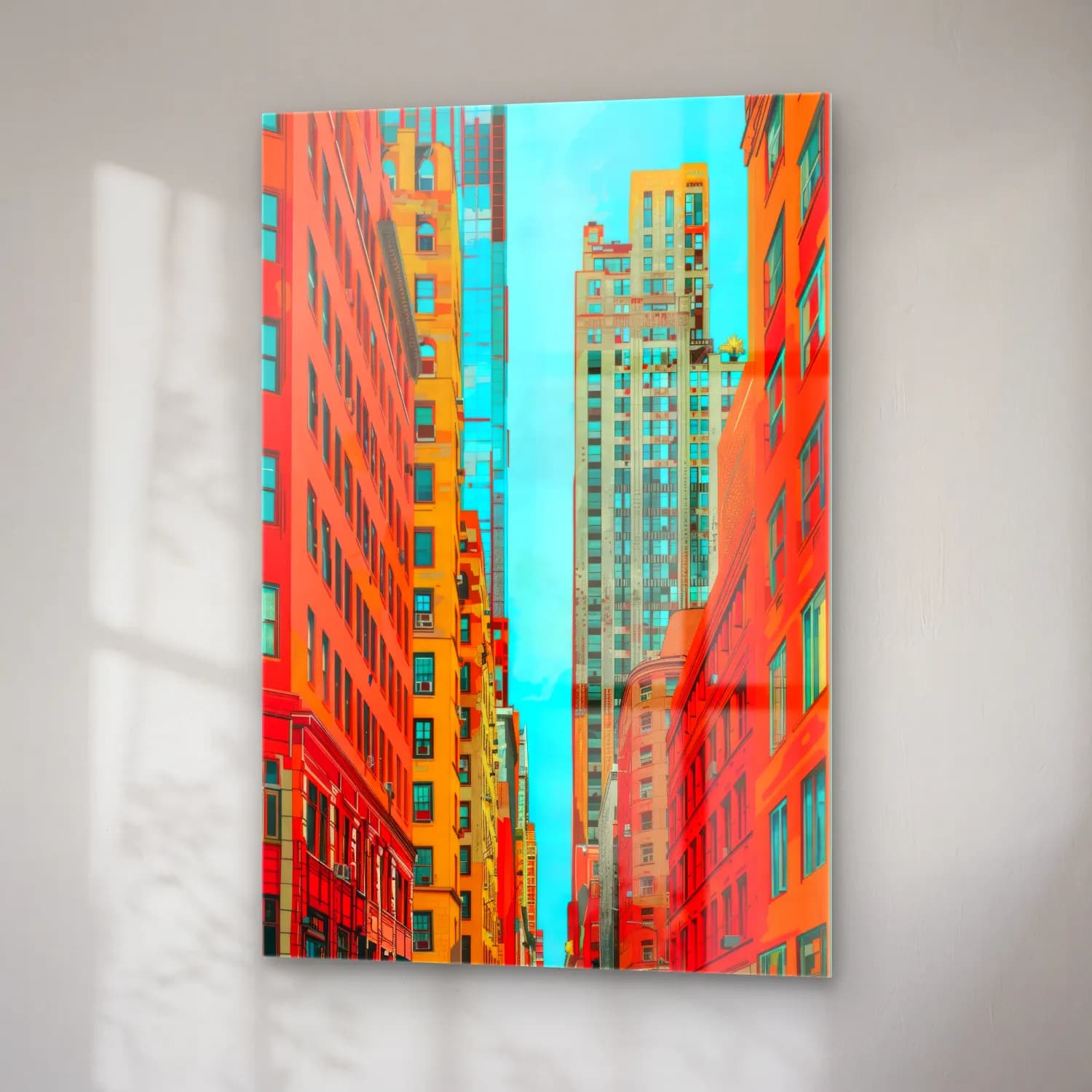 Pop Art New York Silüeti – Turuncu Tonlar cam tablo — sağ açıdan görünüm