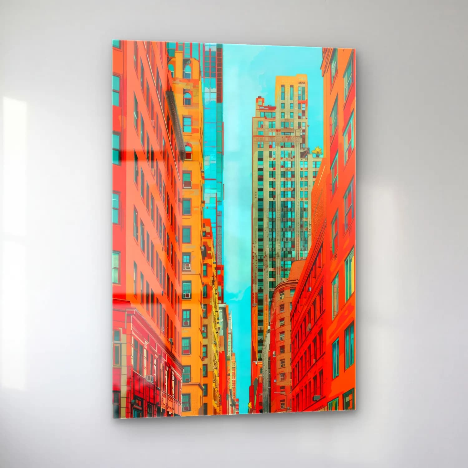 Pop Art New York Silüeti – Turuncu Tonlar cam tablo — sol açıdan görünüm