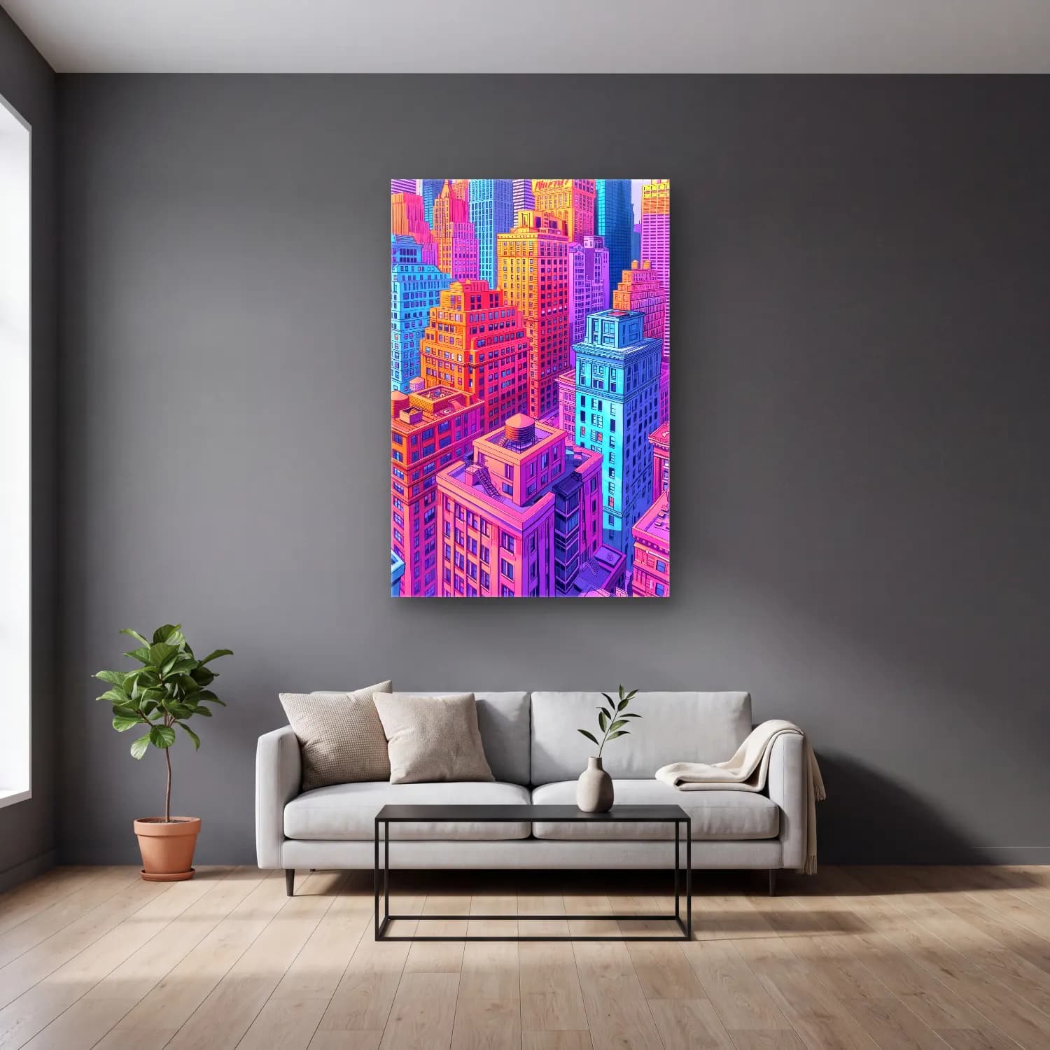 Pastel New York Silüeti No. 8 cam tablo — gri duvarlı salonda