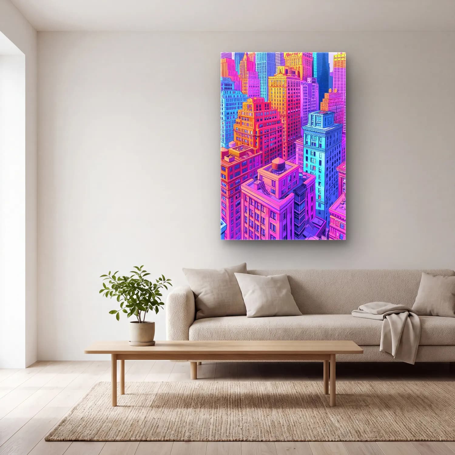 Pastel New York Silüeti No. 8 cam tablo — açık renk salonda