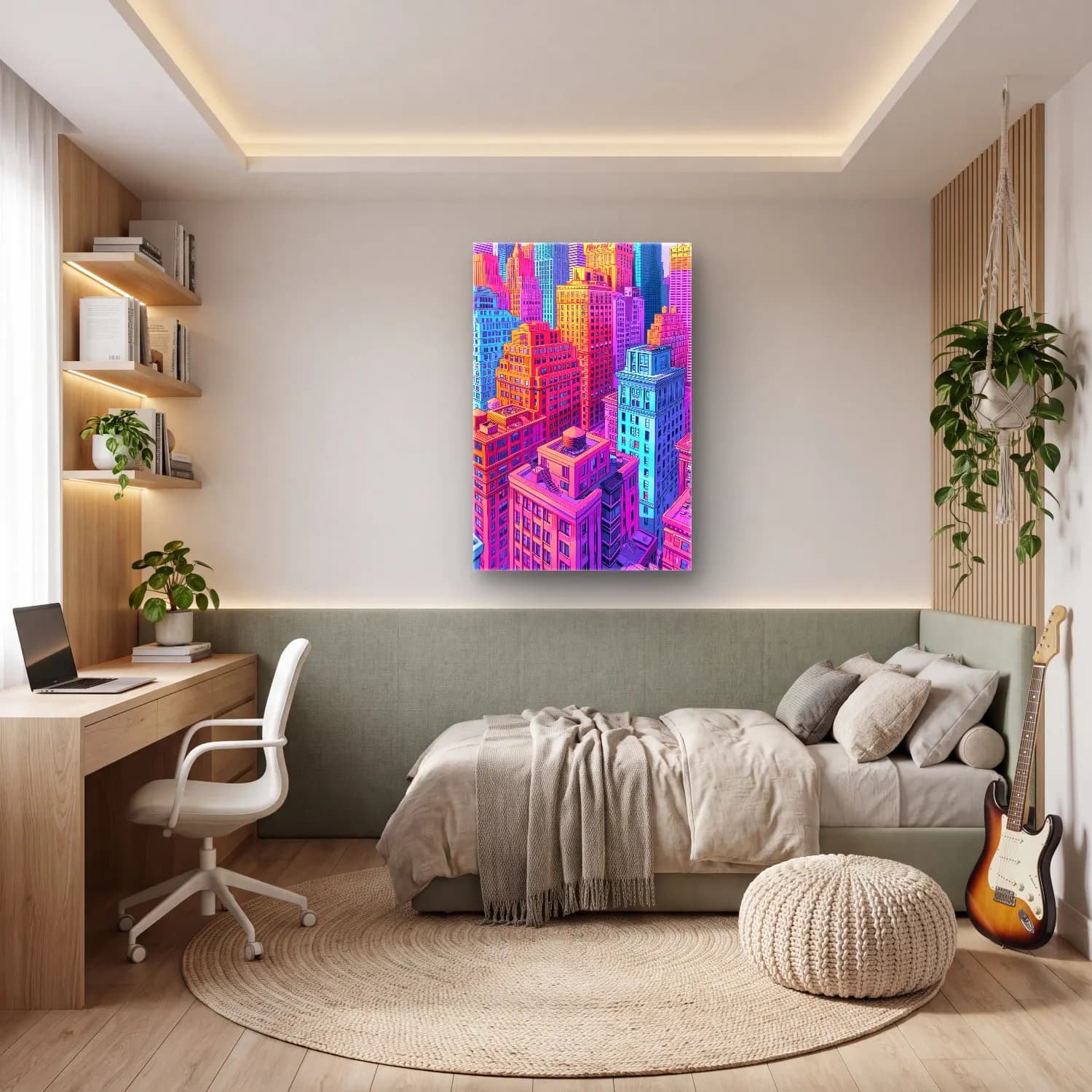 Pastel New York Silüeti No. 8 cam tablo — genç odasında