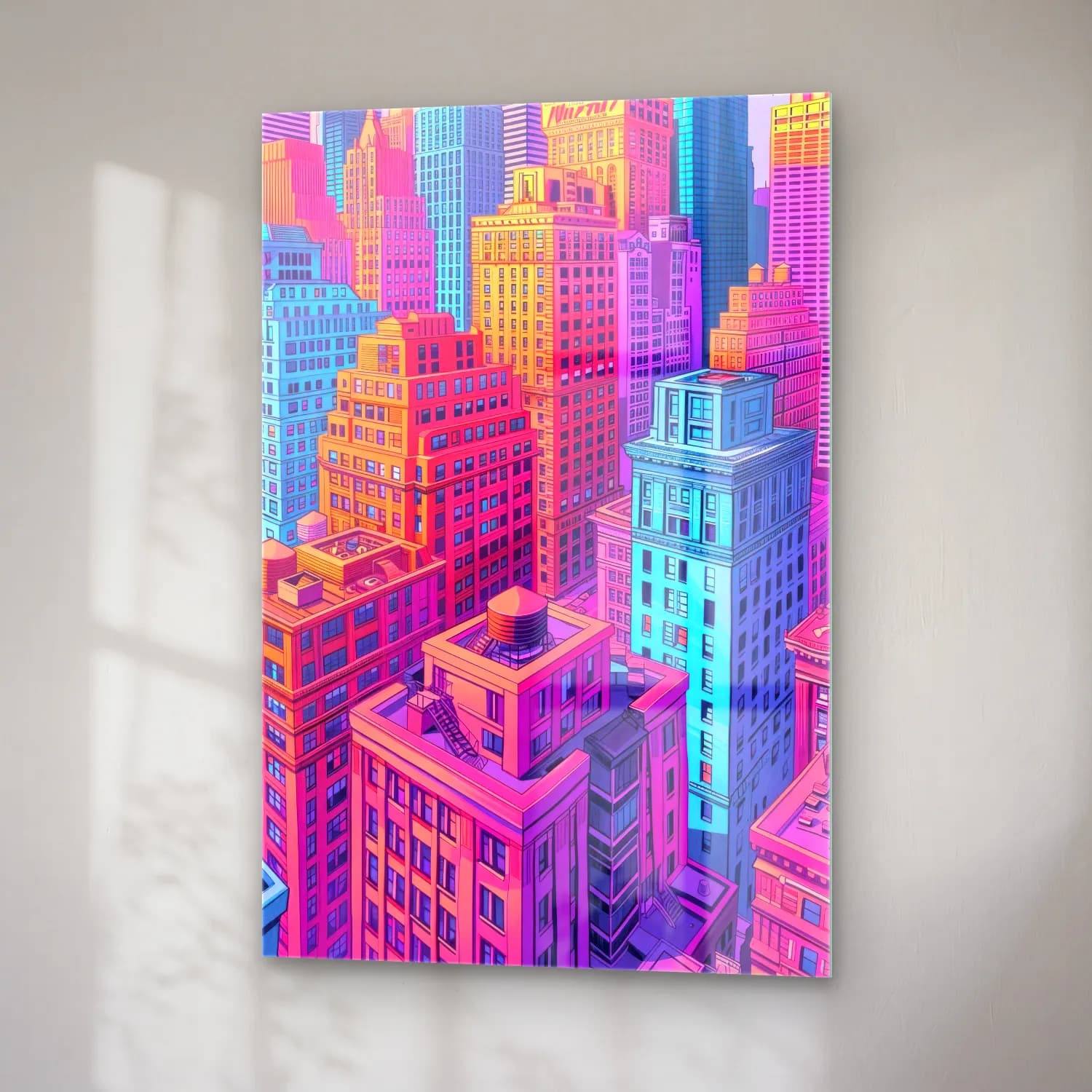 Pastel New York Silüeti No. 8 cam tablo — sağ açıdan görünüm