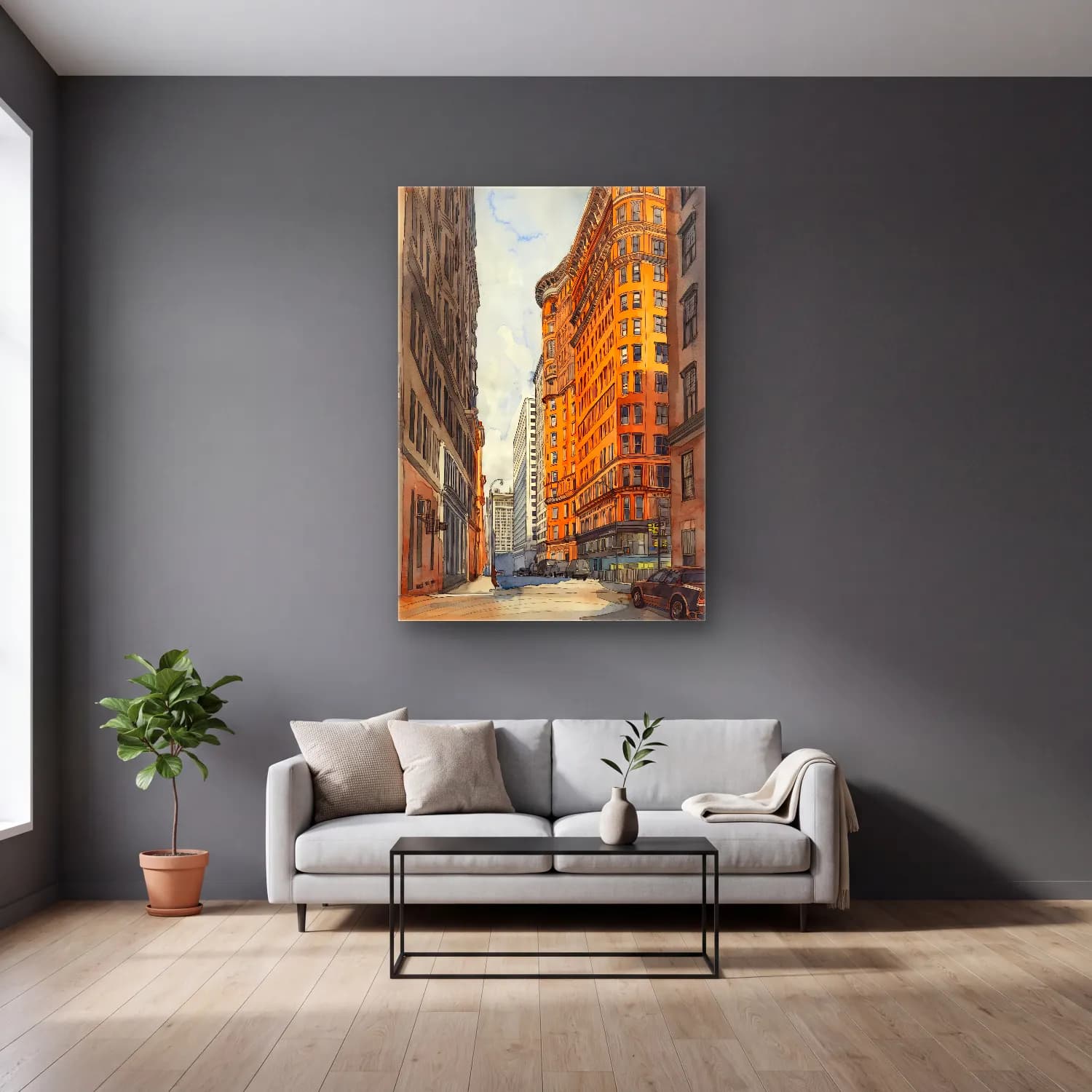 Suluboya New York Silüeti cam tablo — gri duvarlı salonda
