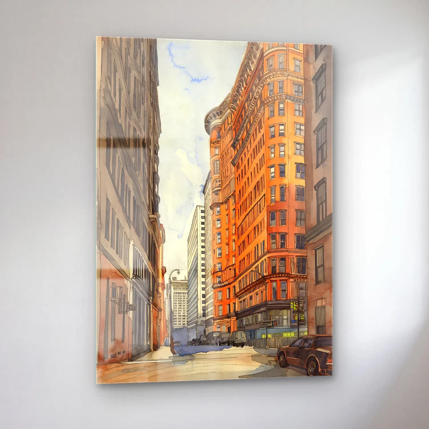 Suluboya New York Silüeti cam tablo — sol açıdan görünüm