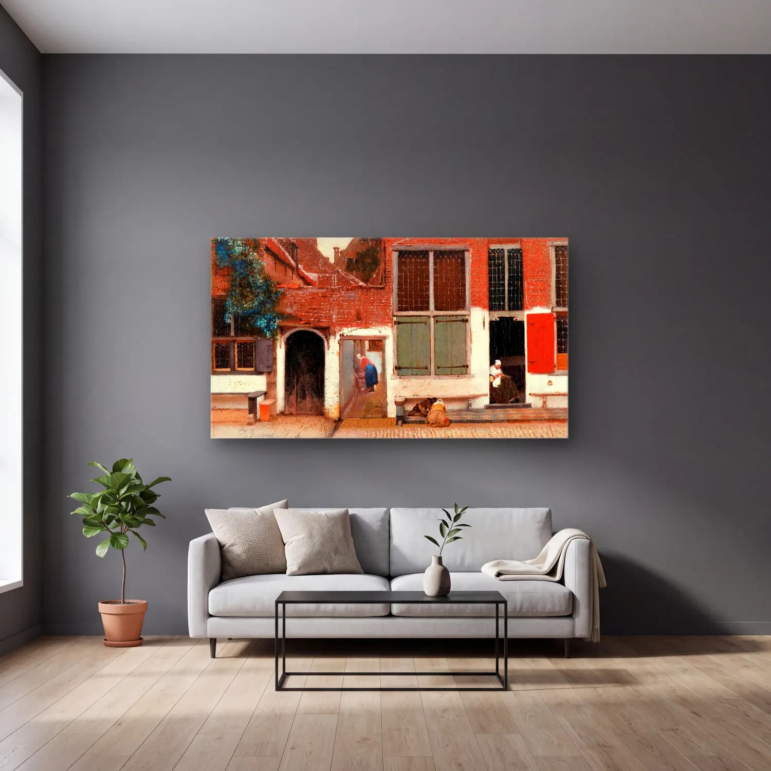 Johannes Vermeer – The Little Street cam tablo — gri duvarlı salonda