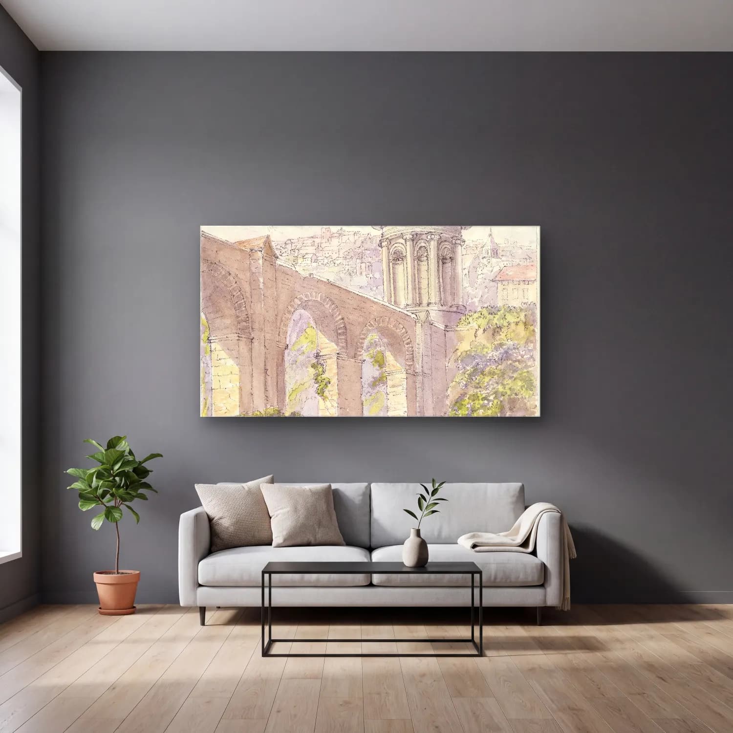 Charles Hamilton Smith – Roman Castellum and Viaduct at Evora cam tablo — gri duvarlı salonda