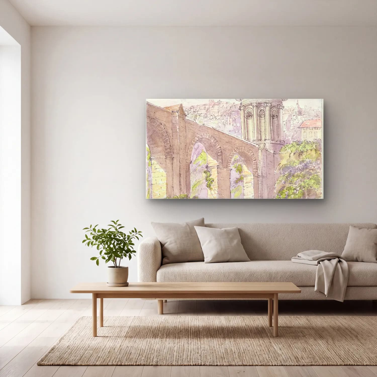 Charles Hamilton Smith – Roman Castellum and Viaduct at Evora cam tablo — açık renk salonda