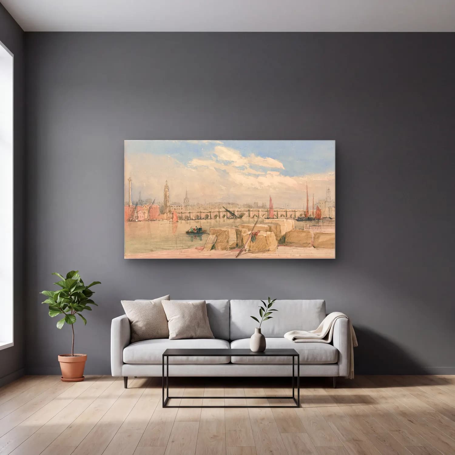 David Cox – London Bridge (before 1831) cam tablo — gri duvarlı salonda
