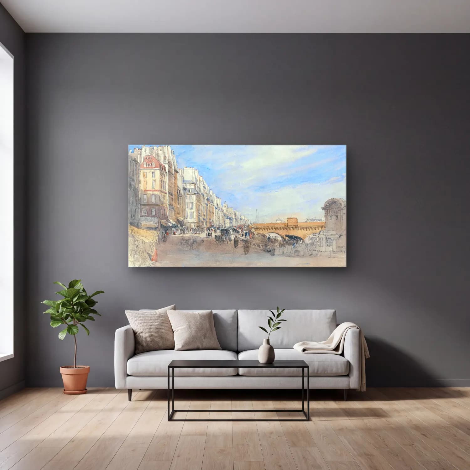 David Cox – Pont Neuf from the Quai de l’Ecole, Paris cam tablo — gri duvarlı salonda