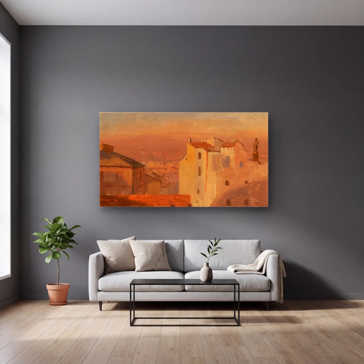 Frederic Edwin Church – Rooftops, Rome, Italy cam tablo — gri duvarlı salonda