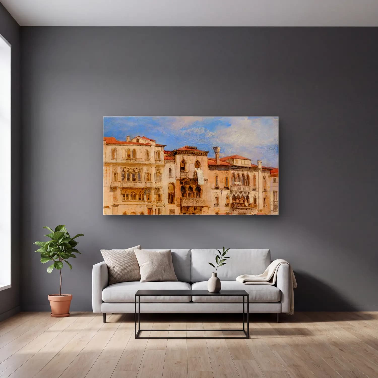 Richard Parkes Bonington – The Palazzi Manolesso-Ferro, Venice cam tablo — gri duvarlı salonda