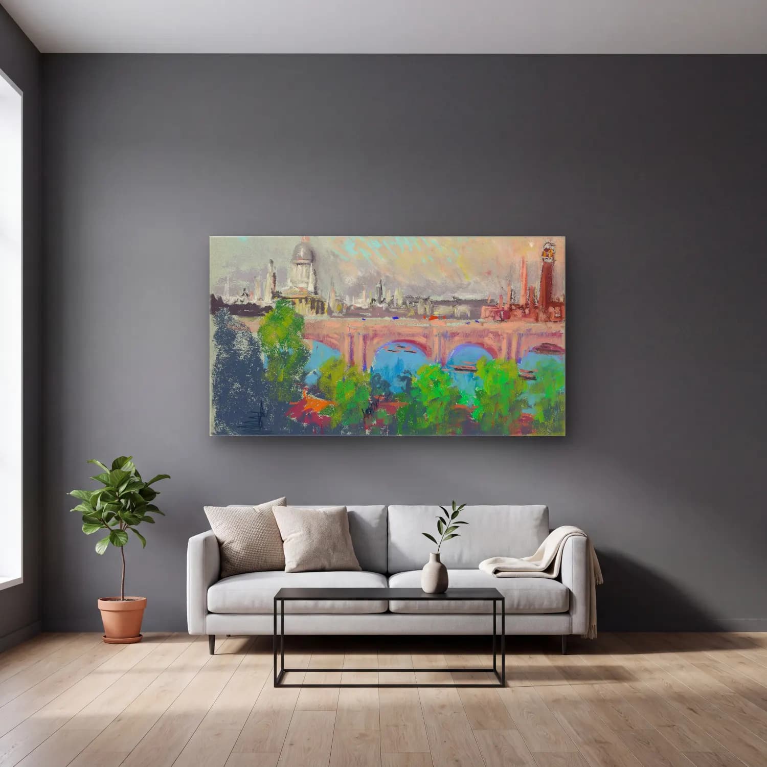 Joseph Pennell – London over Waterloo Bridge cam tablo — gri duvarlı salonda