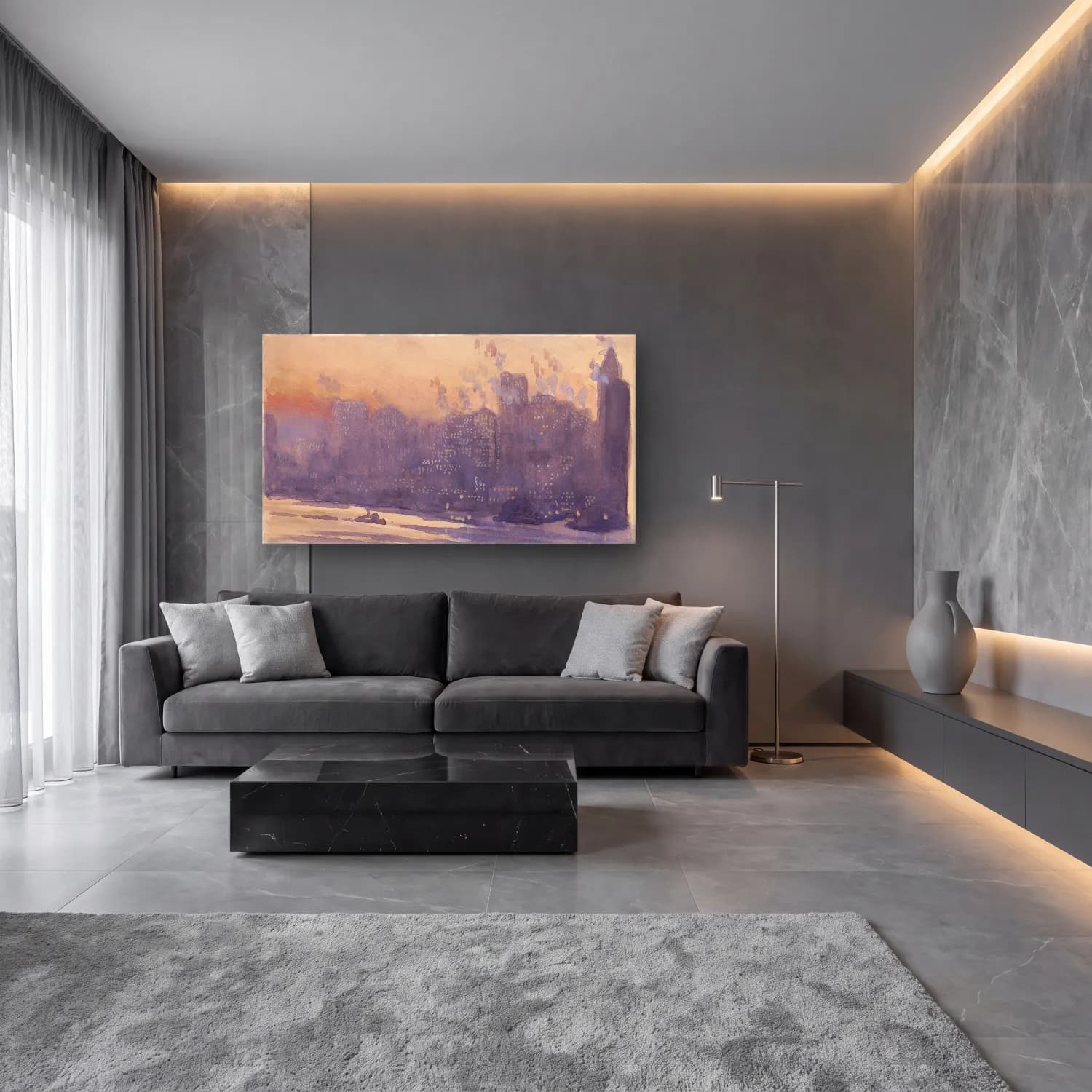 Joseph Pennell – New York City harbor and skyline at night cam tablo — lüks salon duvarında