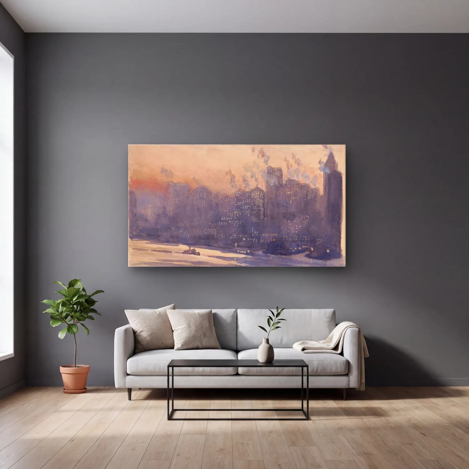 Joseph Pennell – New York City harbor and skyline at night cam tablo — gri duvarlı salonda