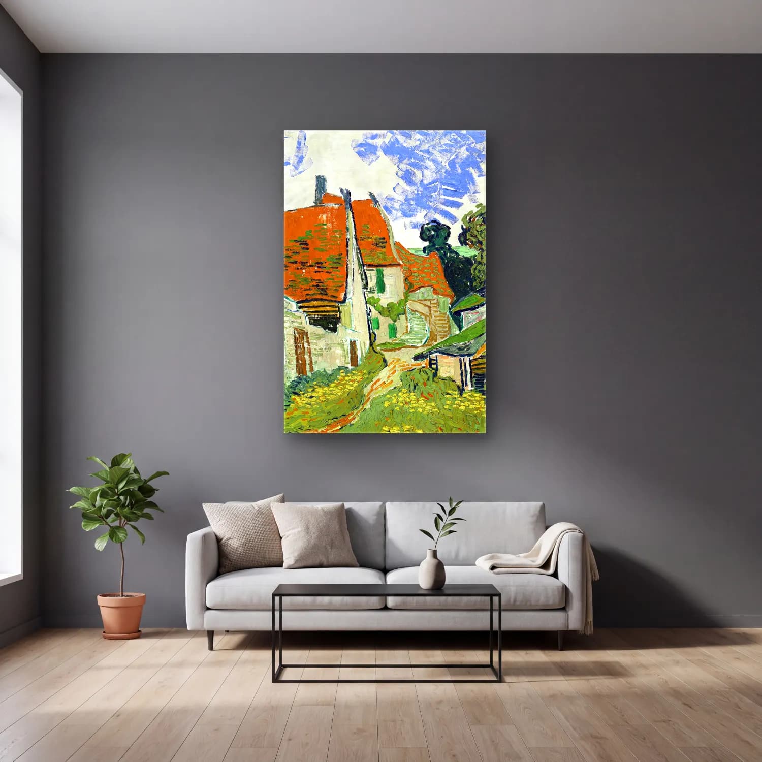 Vincent van Gogh – Street in Auvers-sur-Oise cam tablo — gri duvarlı salonda