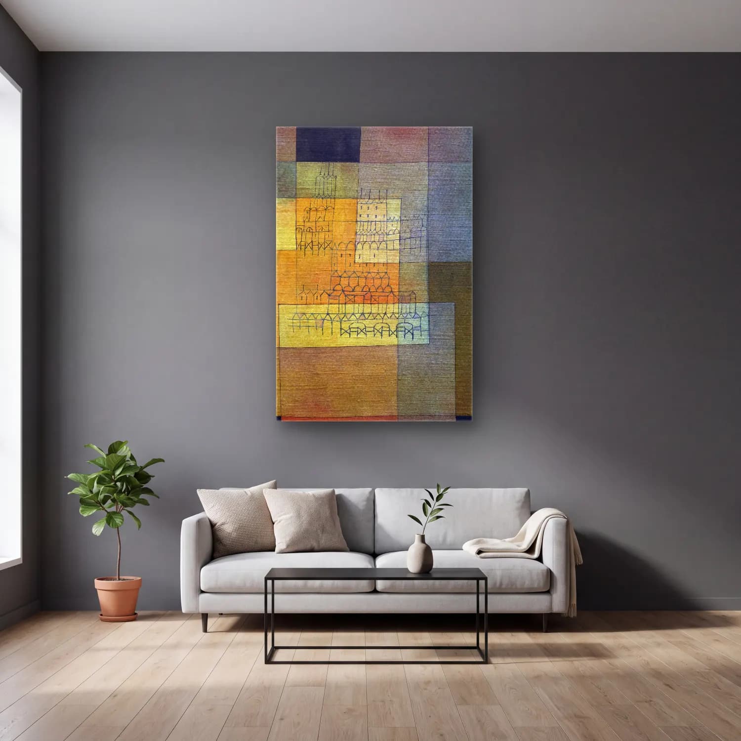Paul Klee – Polyphonic Architecture cam tablo — gri duvarlı salonda