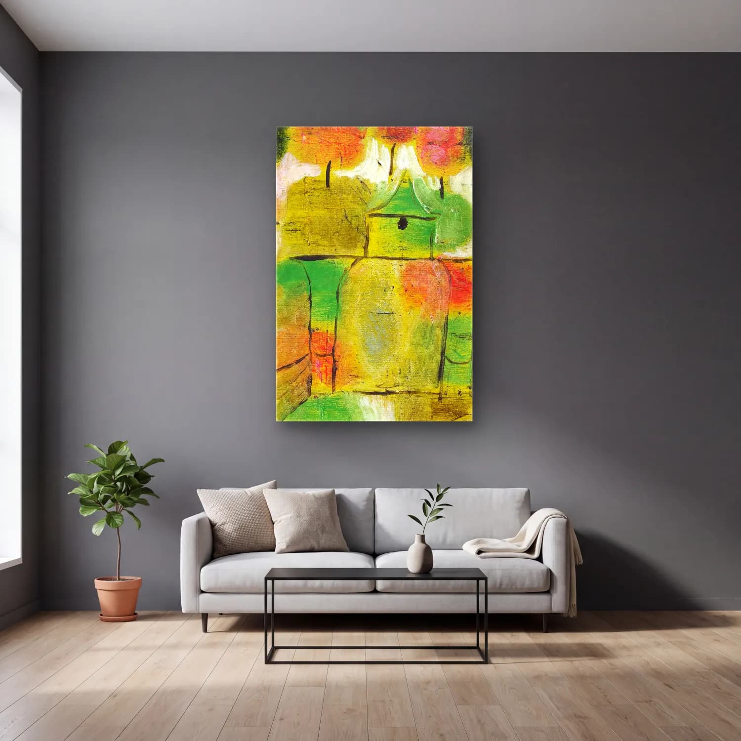Paul Klee – Baum und Architektur–Rhythmen (Tree and… cam tablo — gri duvarlı salonda