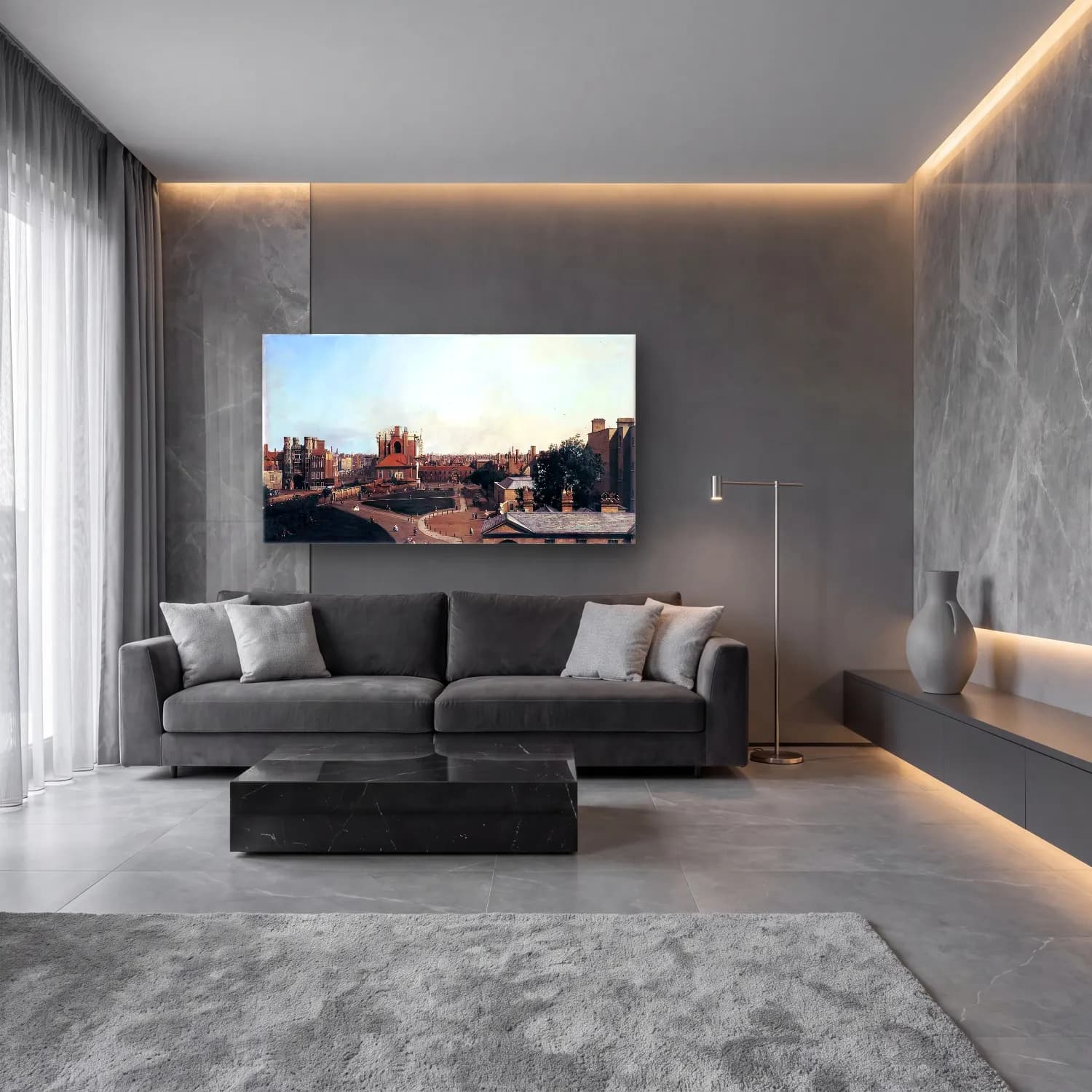 Yağlı Boya Londra – Kırmızı Tonlar cam tablo — lüks salon duvarında