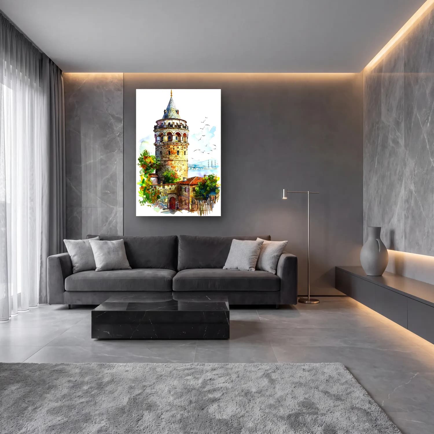 Suluboya İstanbul – Pastel Tonlar cam tablo — lüks salon duvarında