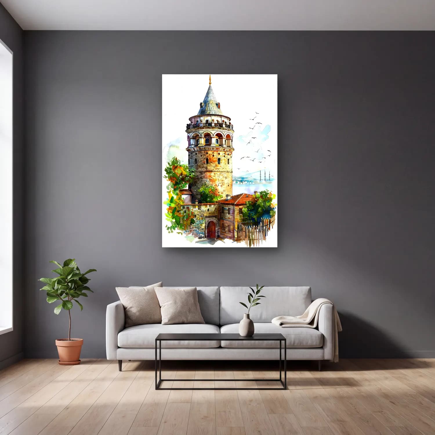 Suluboya İstanbul – Pastel Tonlar cam tablo — gri duvarlı salonda