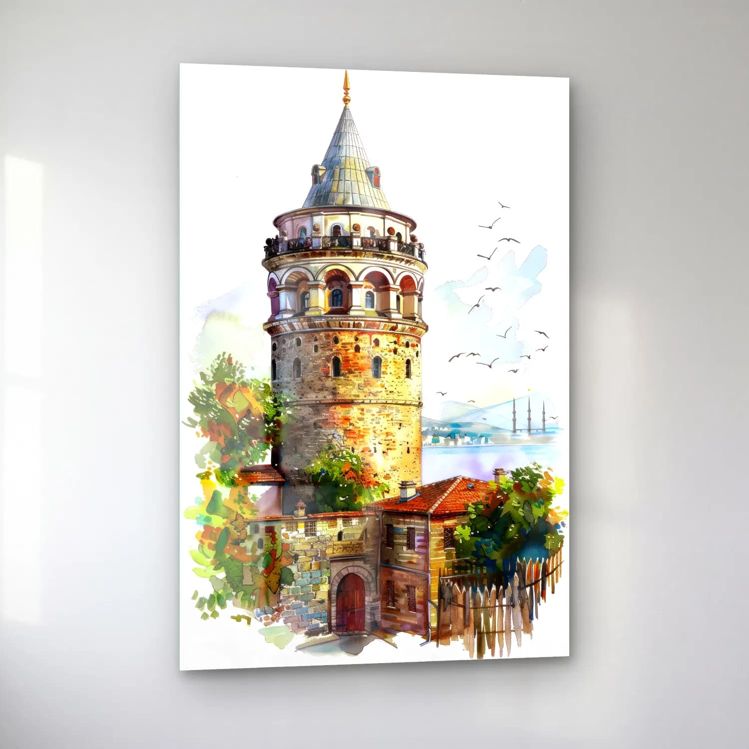 Suluboya İstanbul – Pastel Tonlar cam tablo — sol açıdan görünüm
