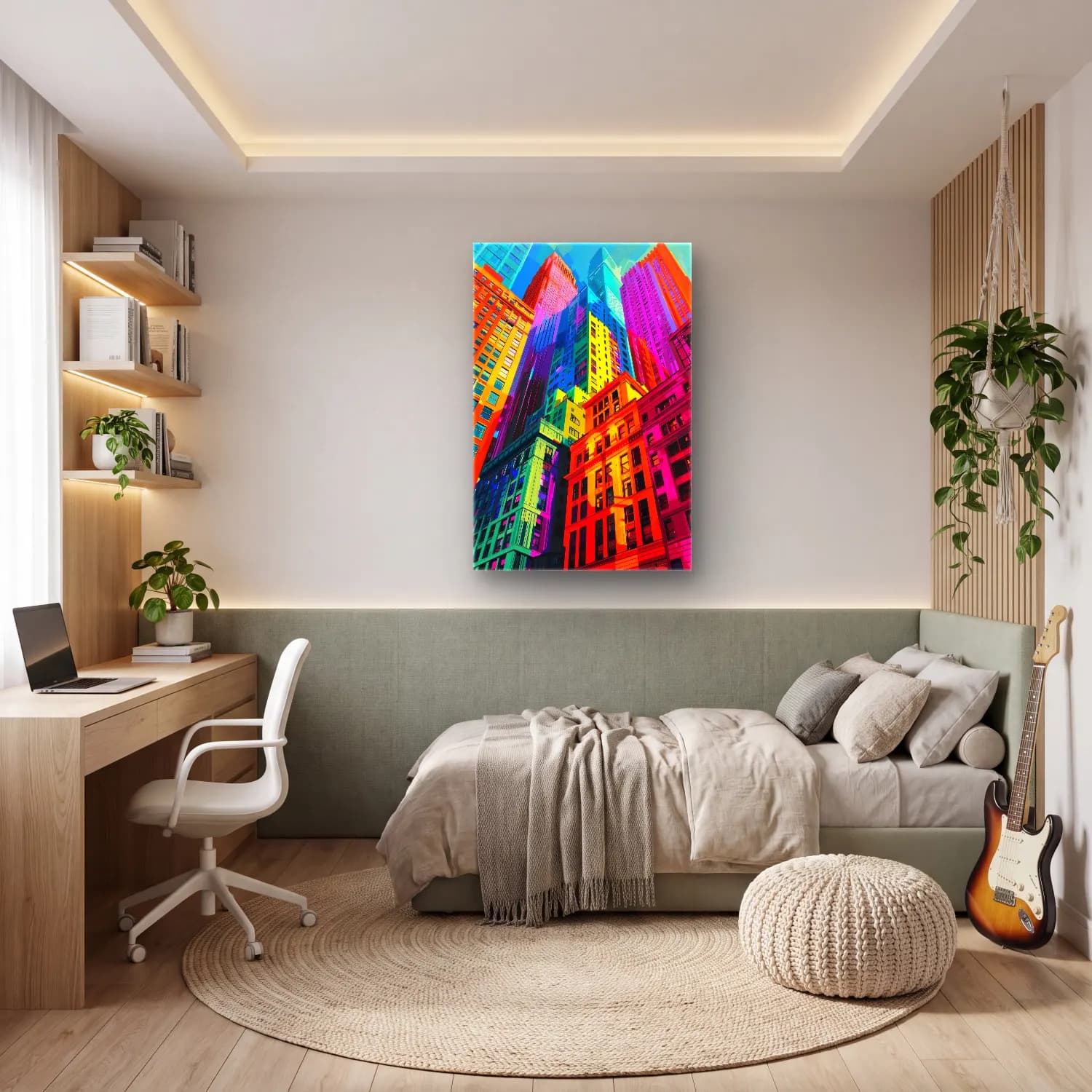 Maksimalist Gece Şehir – Pastel Tonlar cam tablo — genç odasında