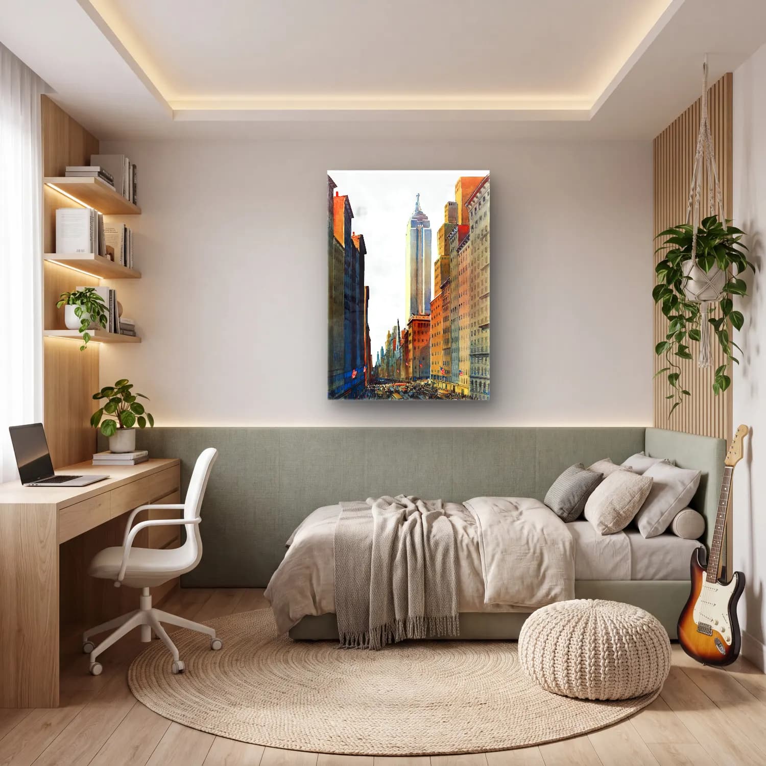 Suluboya New York Silüeti – Turuncu Tonlar cam tablo — genç odasında