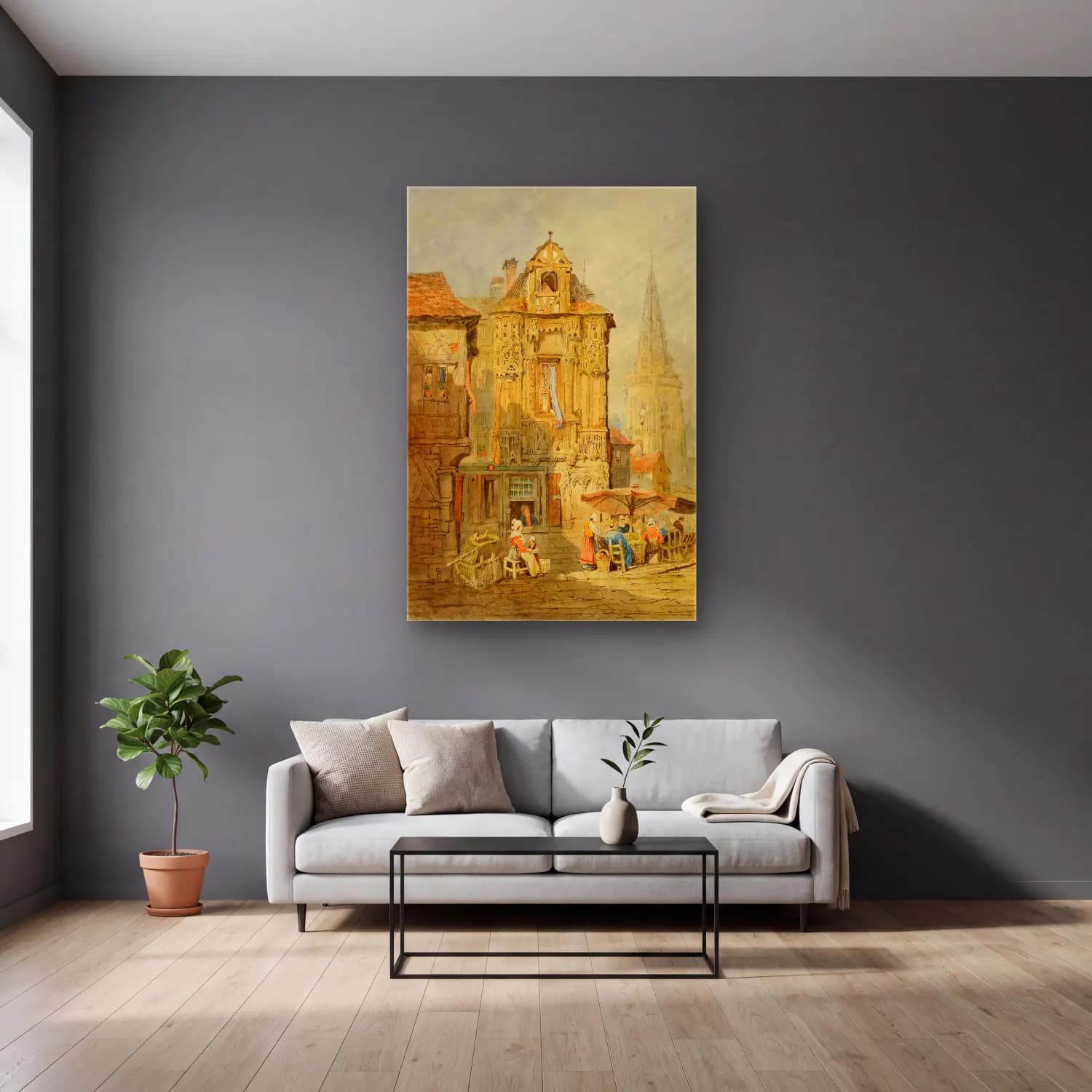 Suluboya Katedral No. 10 cam tablo — gri duvarlı salonda