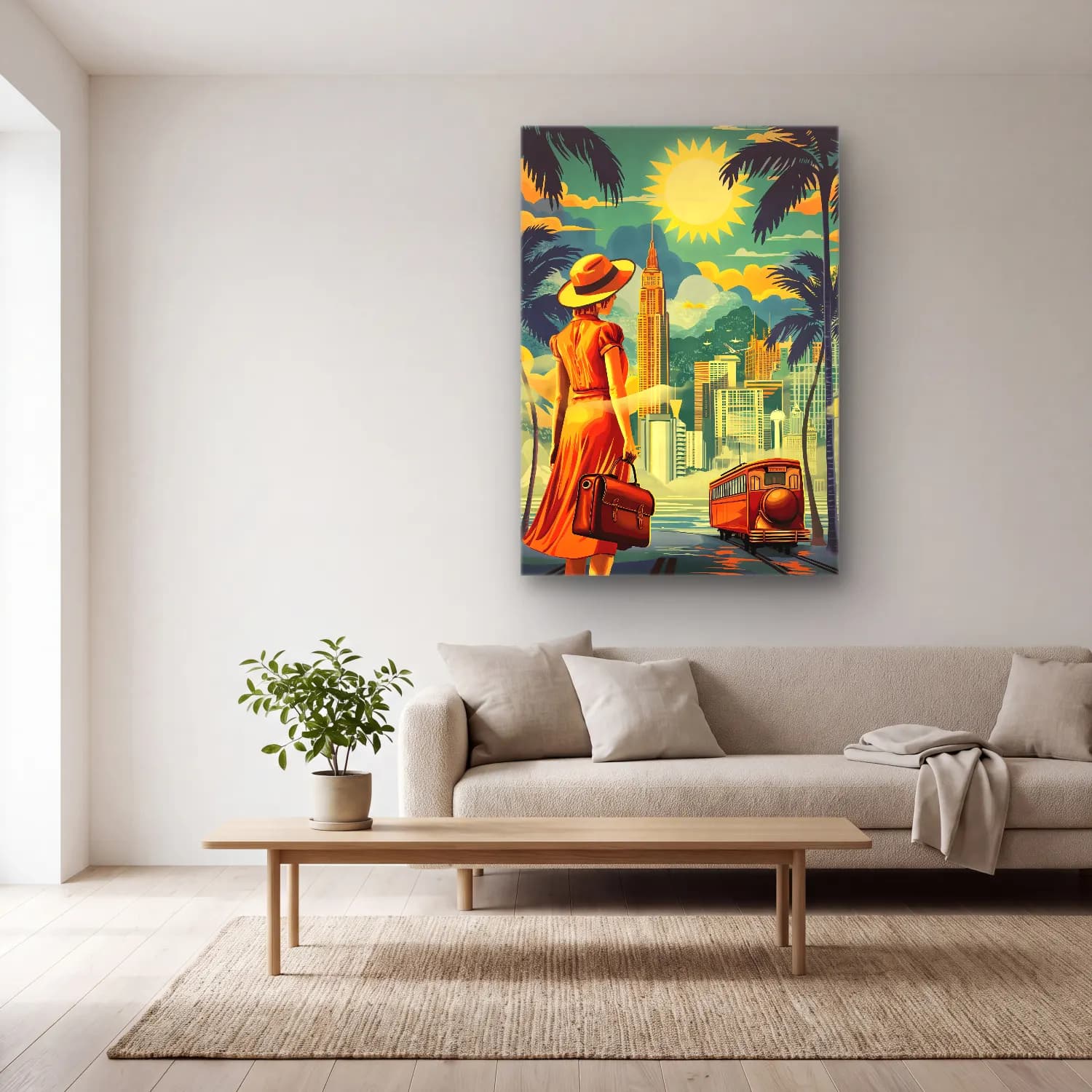 Vintage Poster Elbiseli Kadın cam tablo — açık renk salonda