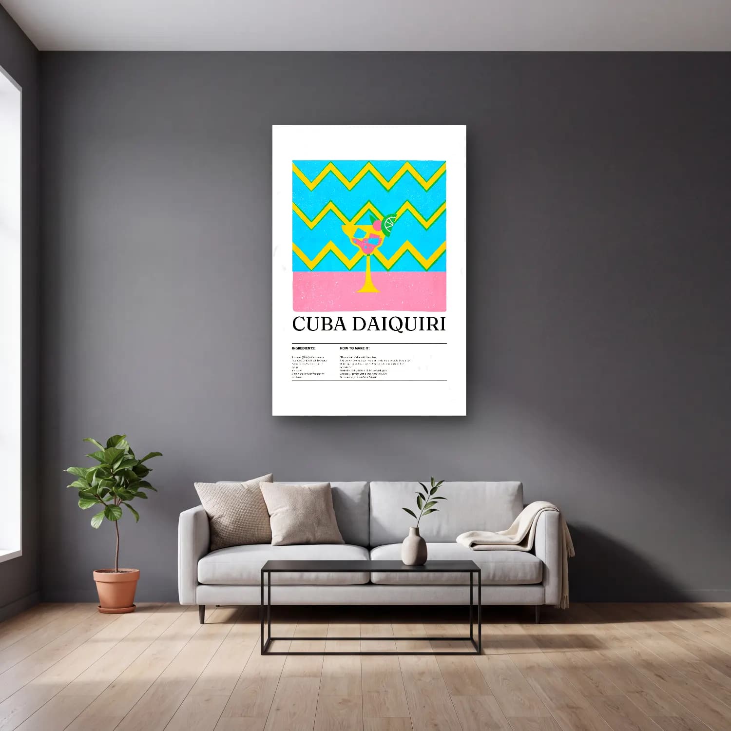 Vintage Poster Kokteyl No. 8 cam tablo — gri duvarlı salonda