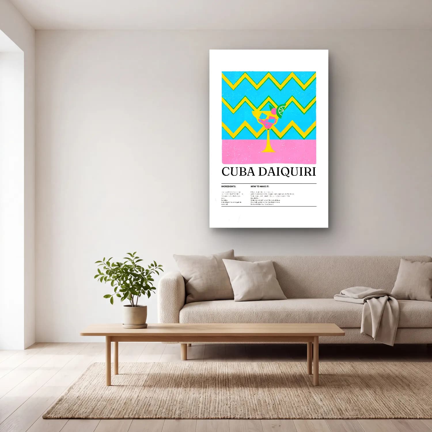 Vintage Poster Kokteyl No. 8 cam tablo — açık renk salonda