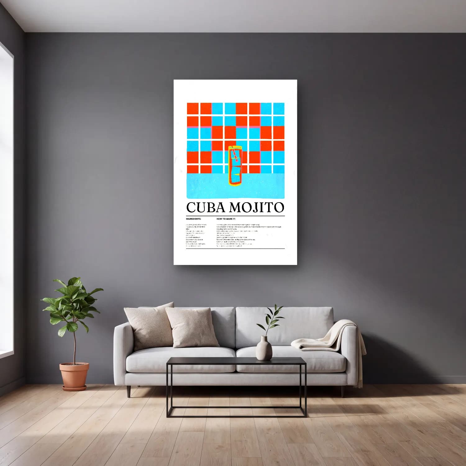 Vintage Poster Dama Deseni cam tablo — gri duvarlı salonda