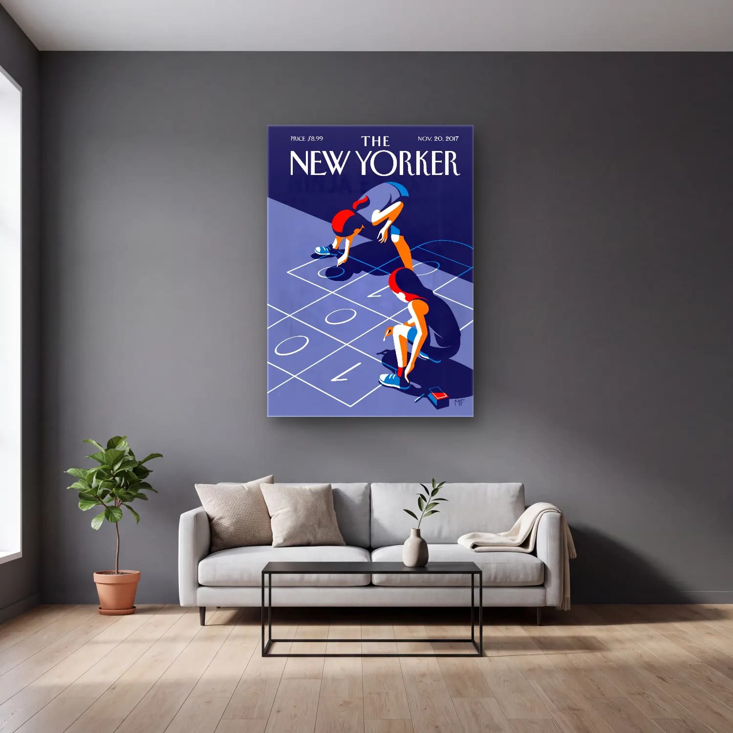 Vintage Poster Tenis cam tablo — gri duvarlı salonda