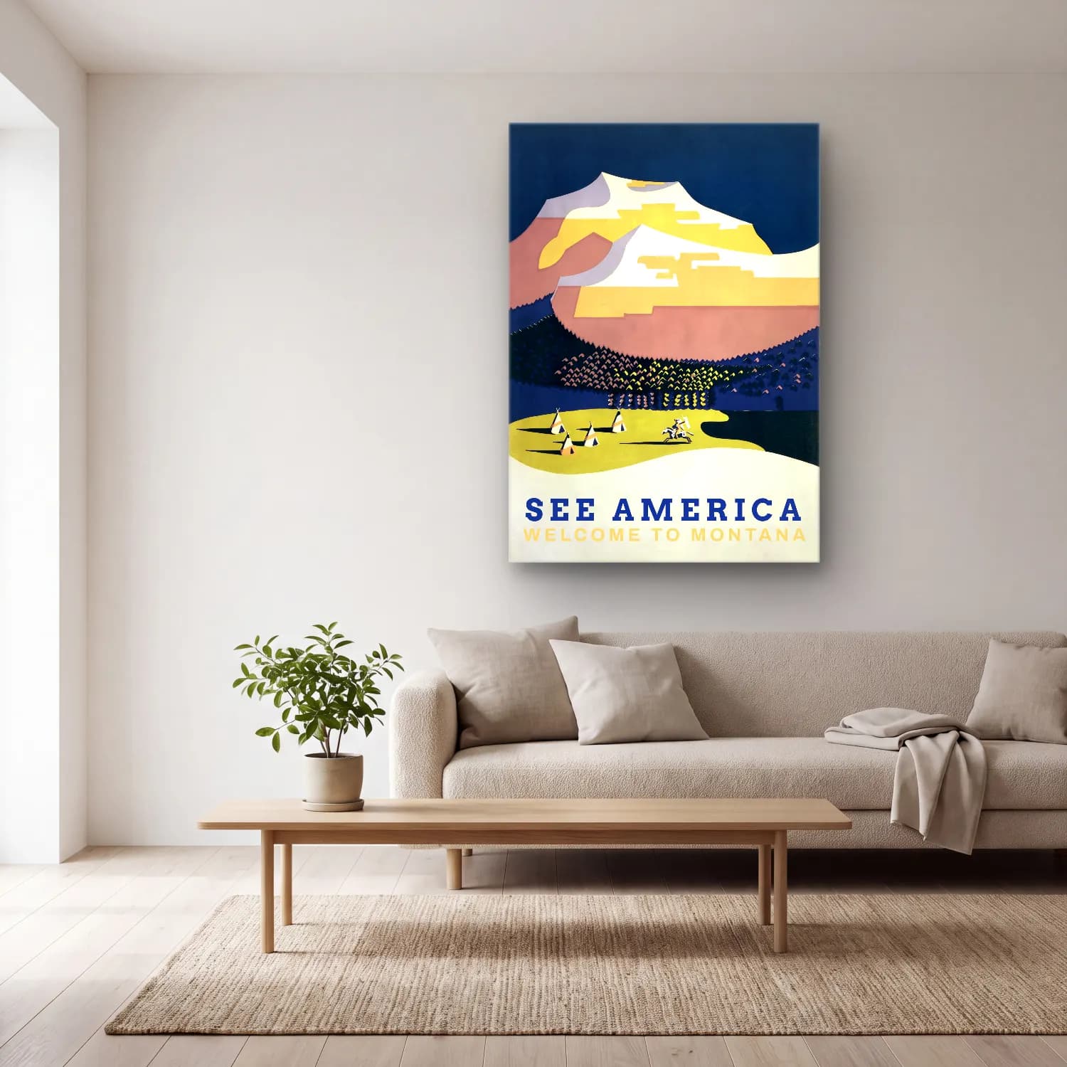 Vintage Poster Dağ Manzarası cam tablo — açık renk salonda
