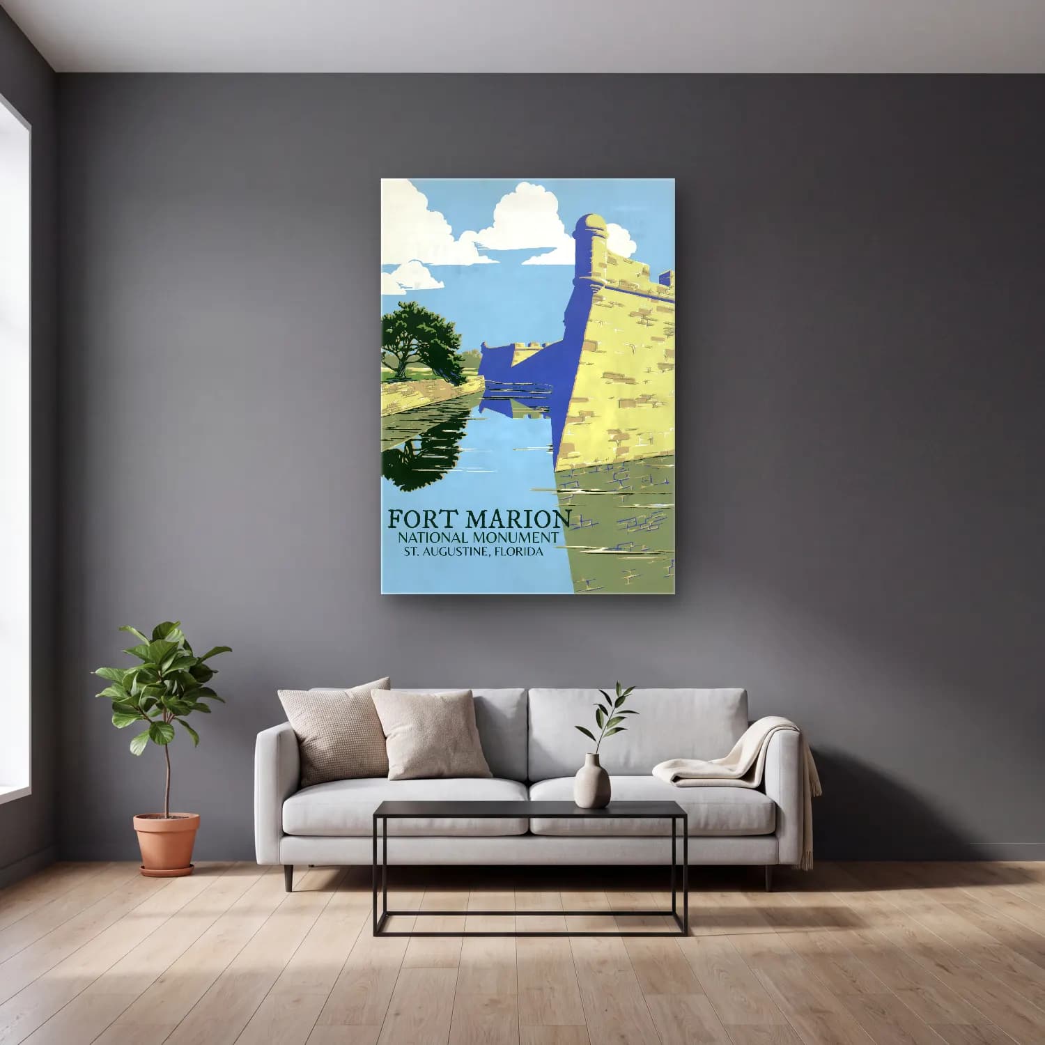 Vintage Poster Şato cam tablo — gri duvarlı salonda