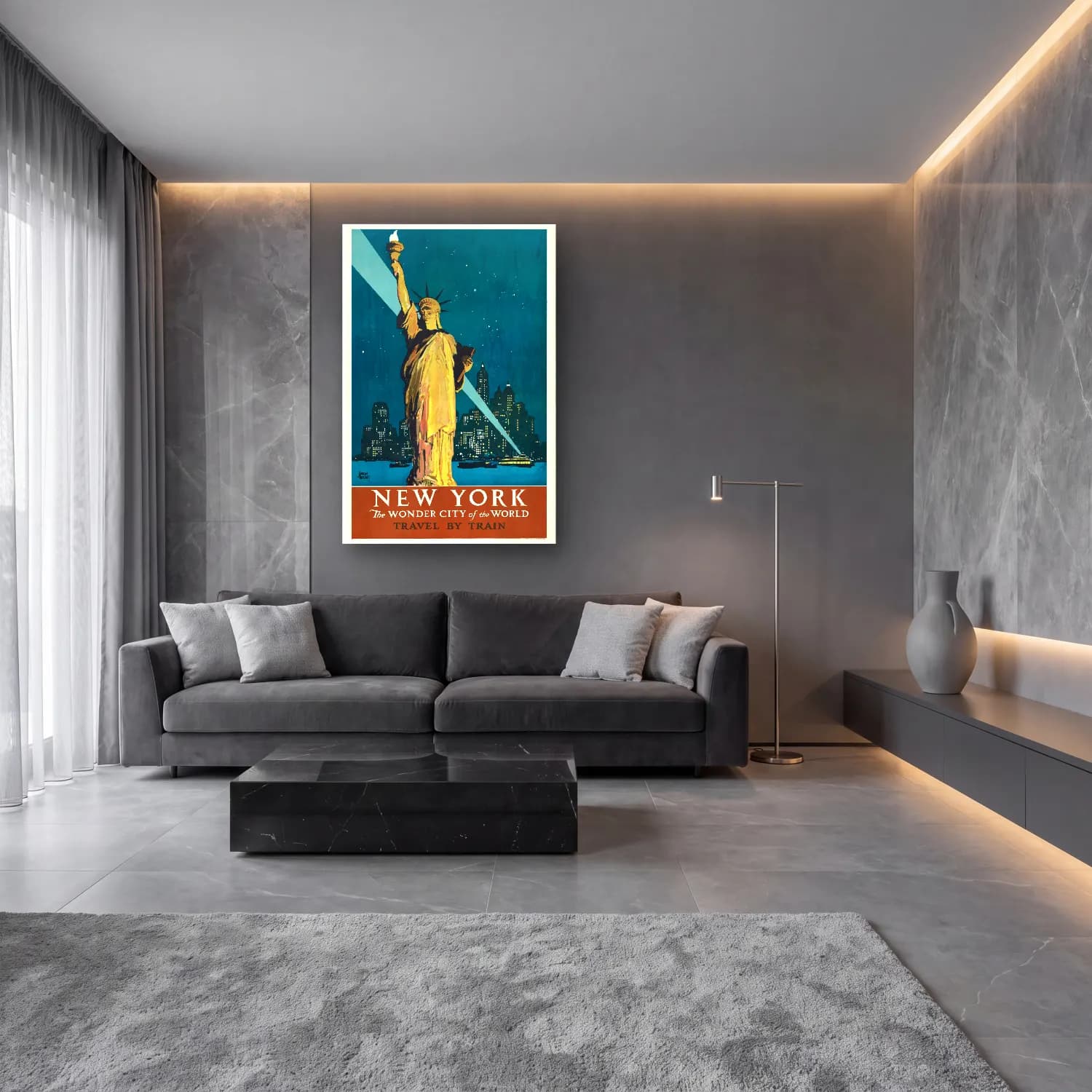 Vintage Poster Gece Şehir No. 8 cam tablo — lüks salon duvarında