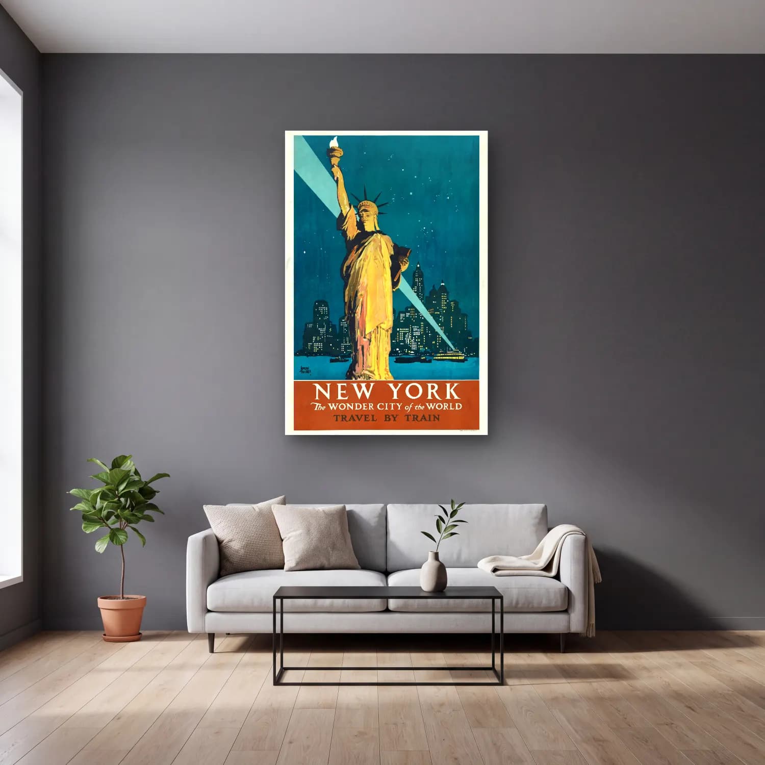 Vintage Poster Gece Şehir No. 8 cam tablo — gri duvarlı salonda