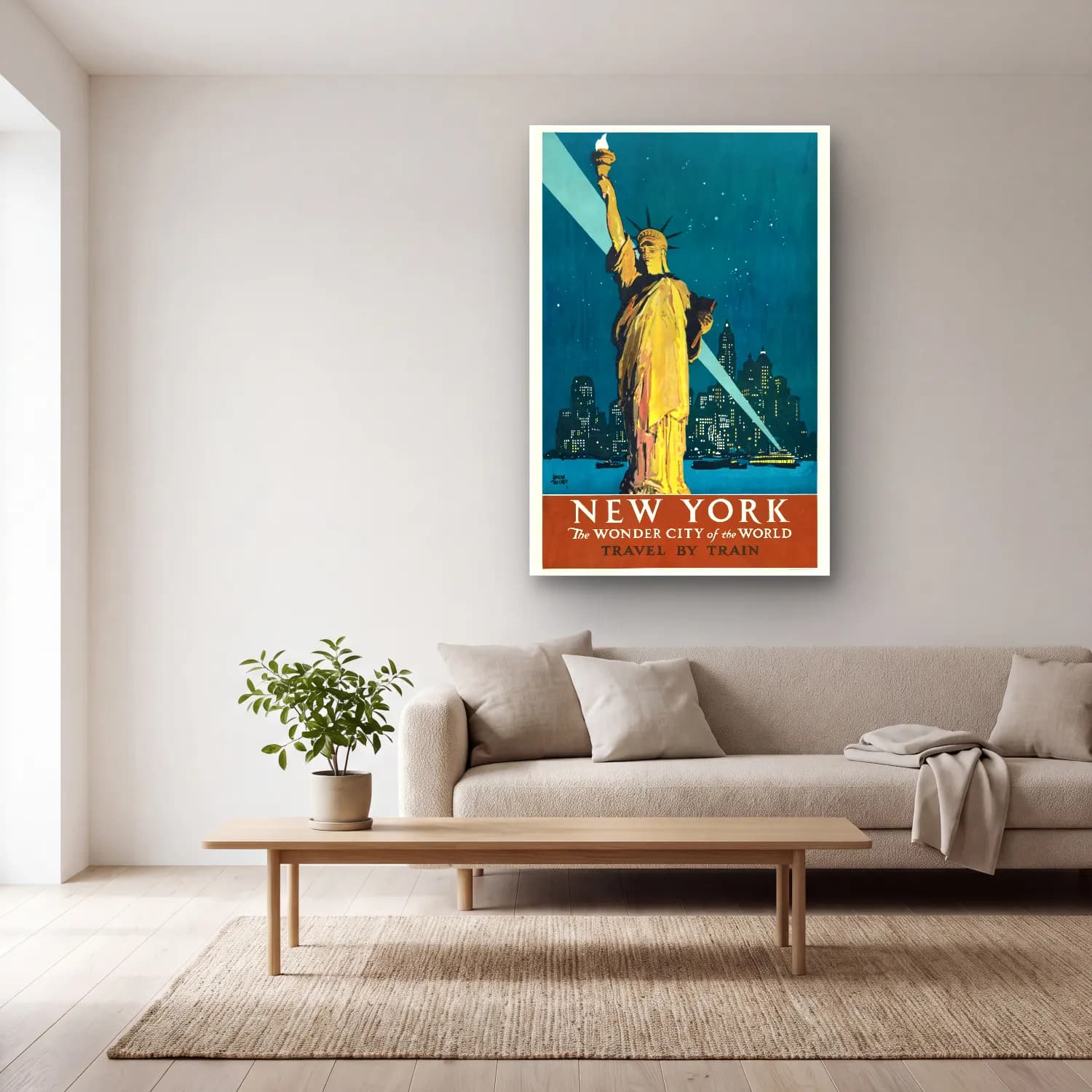 Vintage Poster Gece Şehir No. 8 cam tablo — açık renk salonda