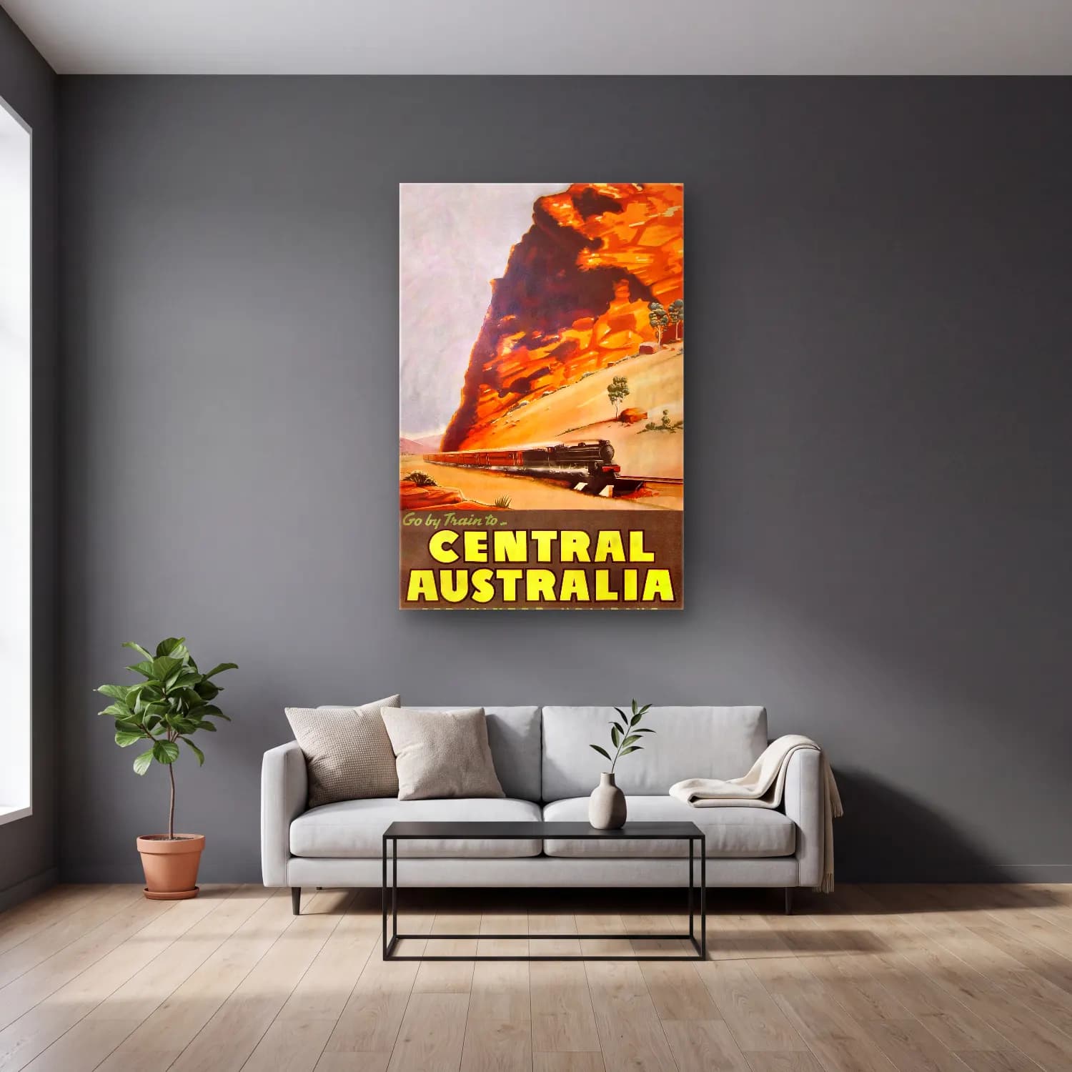 Vintage Poster Tren cam tablo — gri duvarlı salonda