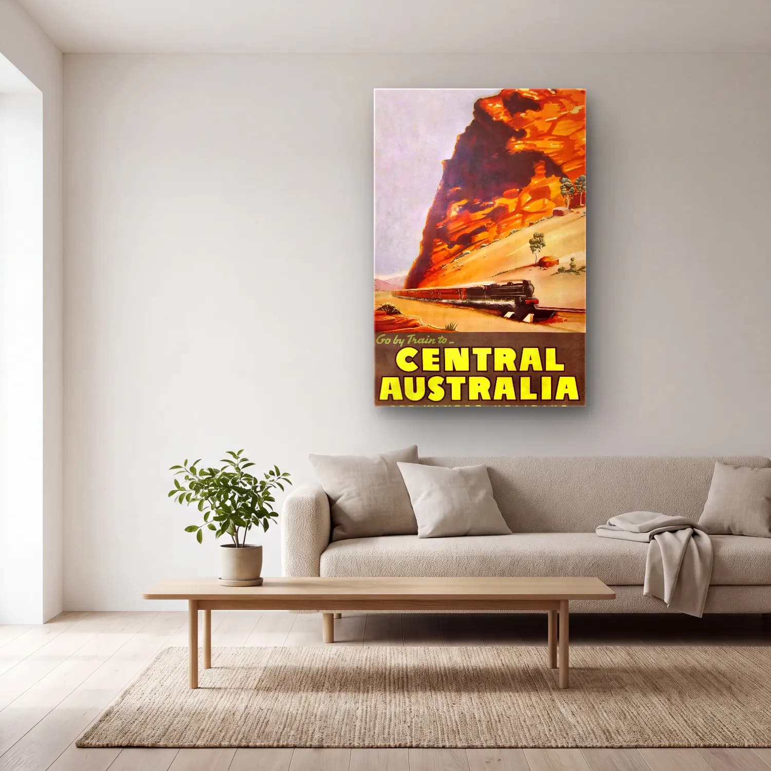 Vintage Poster Tren cam tablo — açık renk salonda