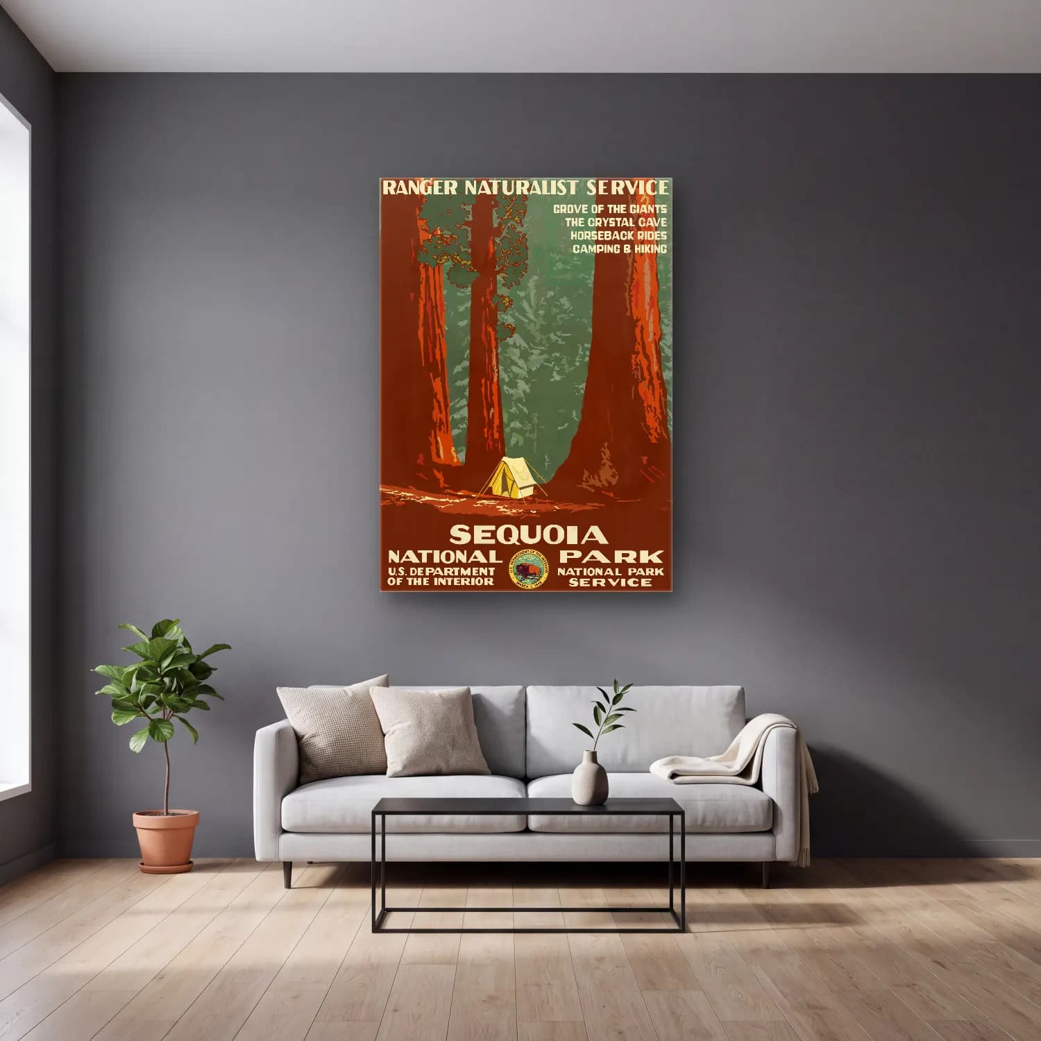 Vintage Poster Orman – Bej Tonlar cam tablo — gri duvarlı salonda