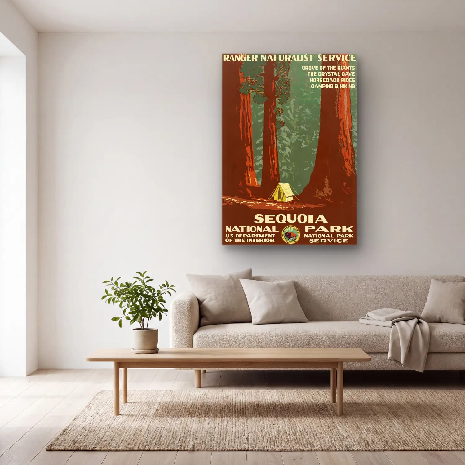 Vintage Poster Orman – Bej Tonlar cam tablo — açık renk salonda