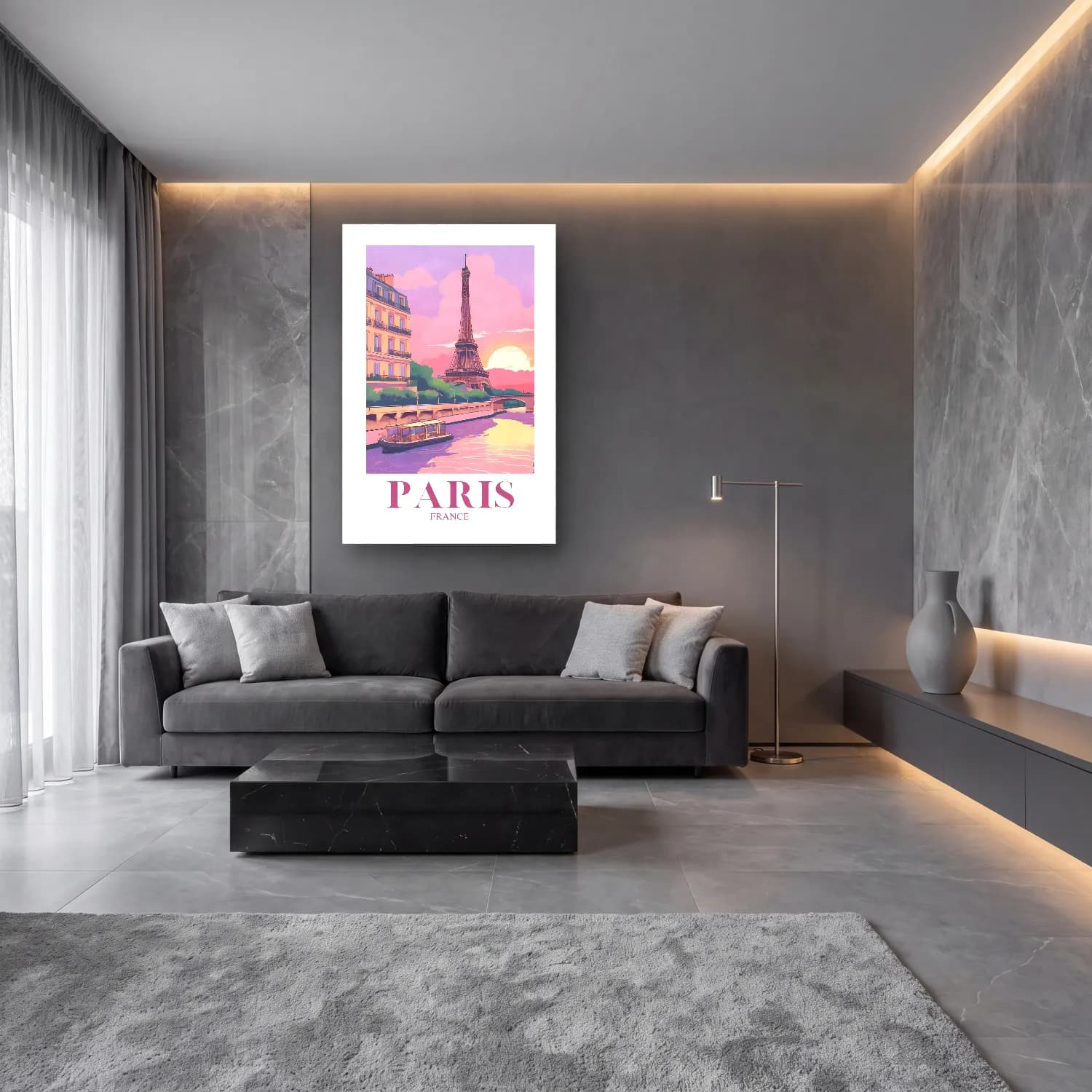 Pastel Paris ve Eyfel Kulesi cam tablo — lüks salon duvarında