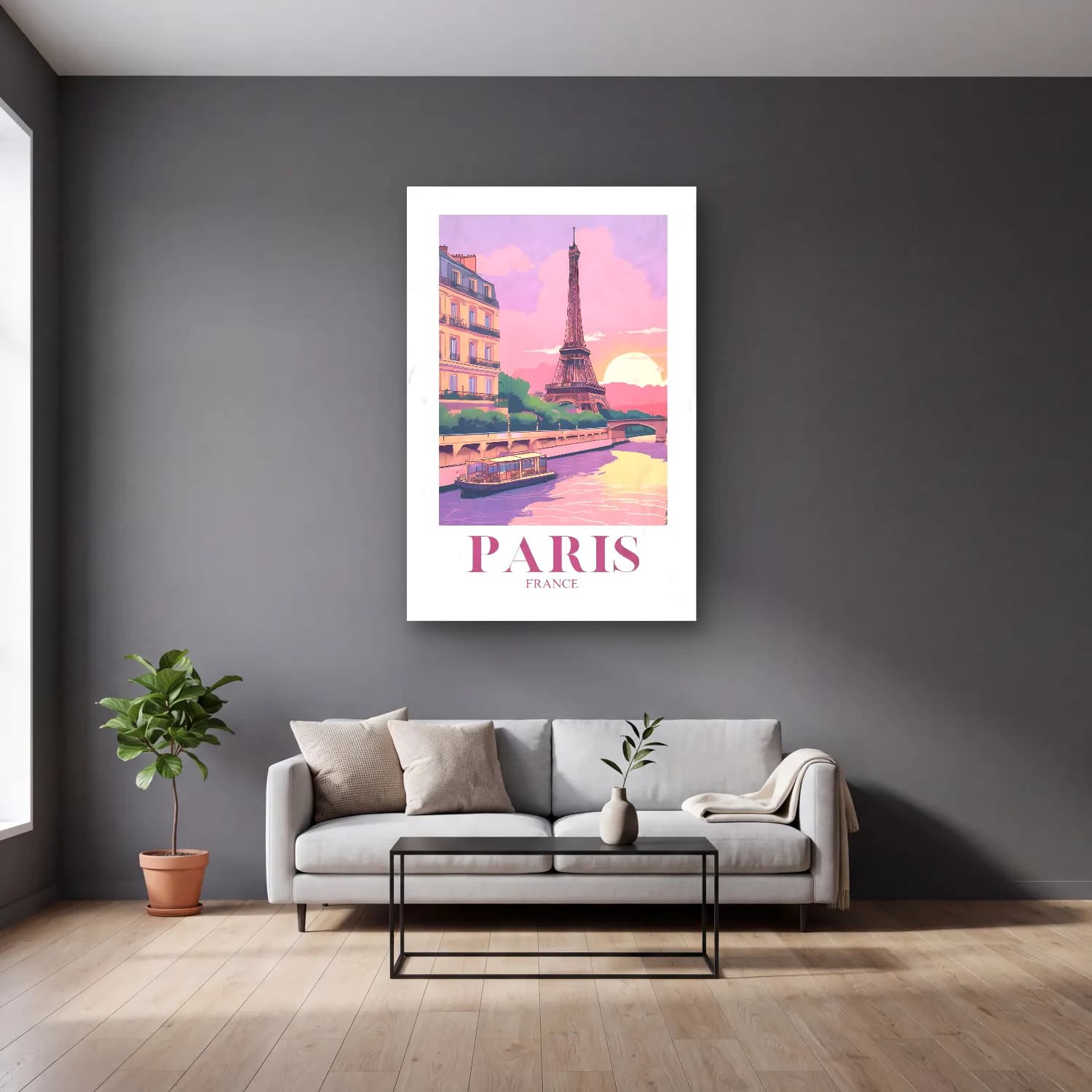 Pastel Paris ve Eyfel Kulesi cam tablo — gri duvarlı salonda