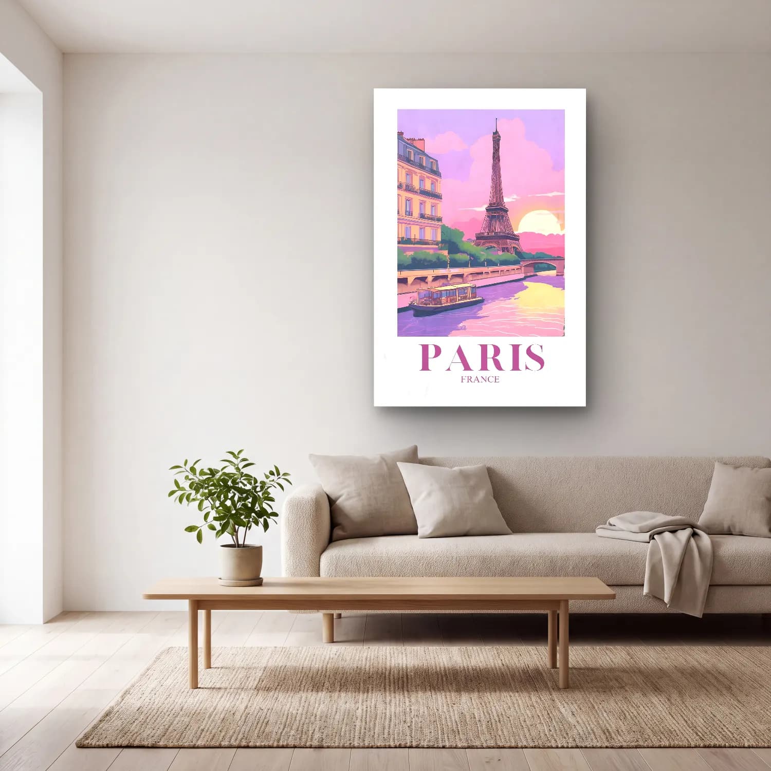 Pastel Paris ve Eyfel Kulesi cam tablo — açık renk salonda
