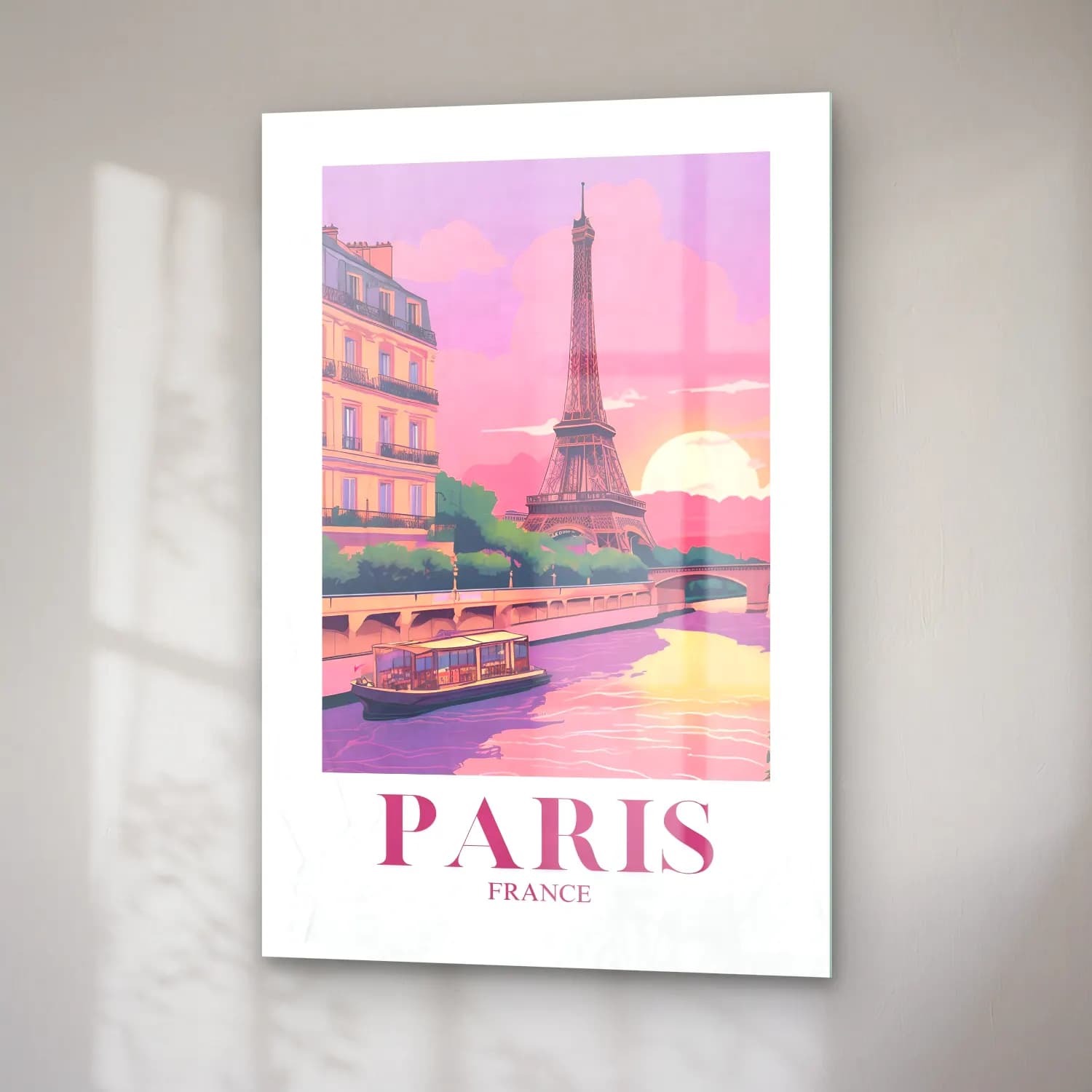 Pastel Paris ve Eyfel Kulesi cam tablo — sağ açıdan görünüm