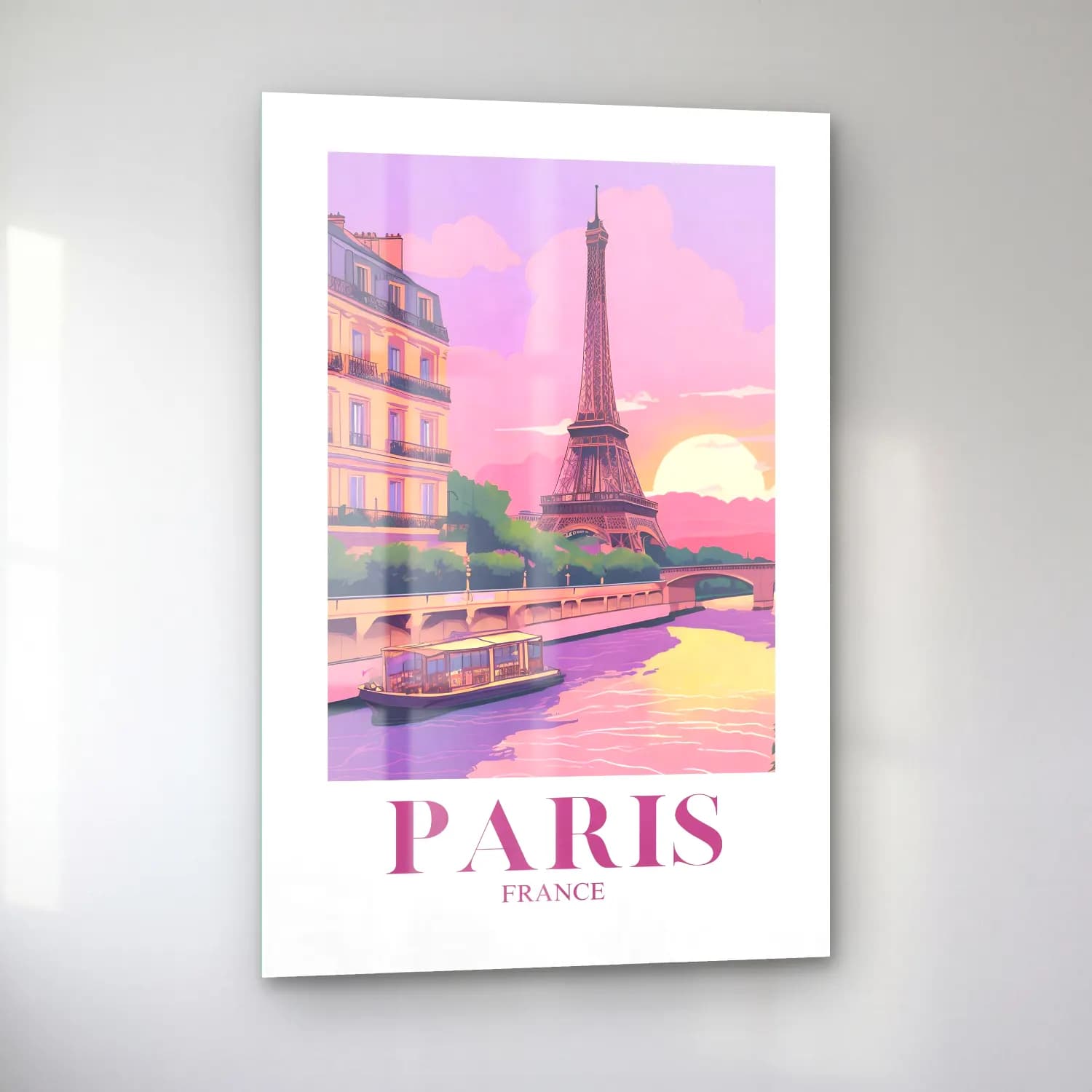 Pastel Paris ve Eyfel Kulesi cam tablo — sol açıdan görünüm