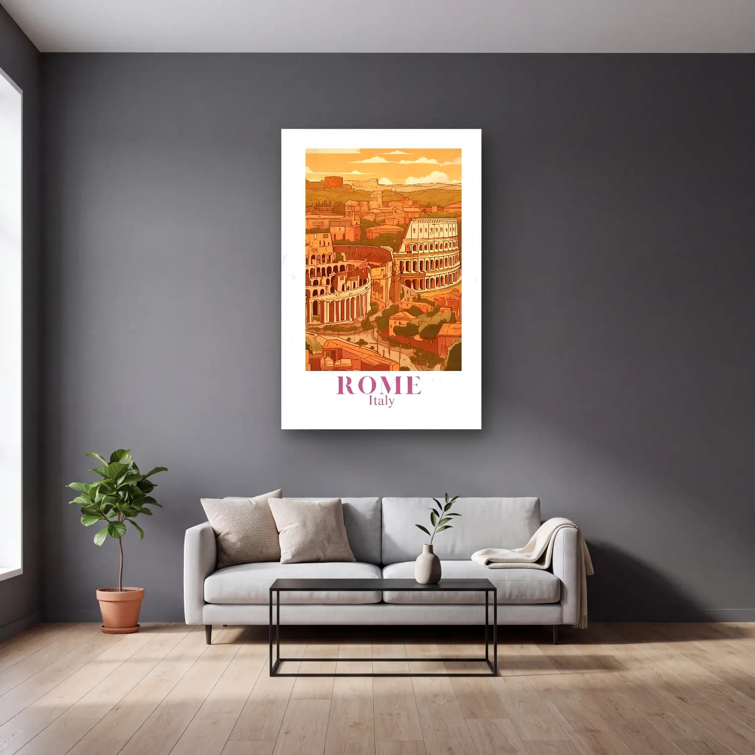 Vintage Poster Roma cam tablo — gri duvarlı salonda