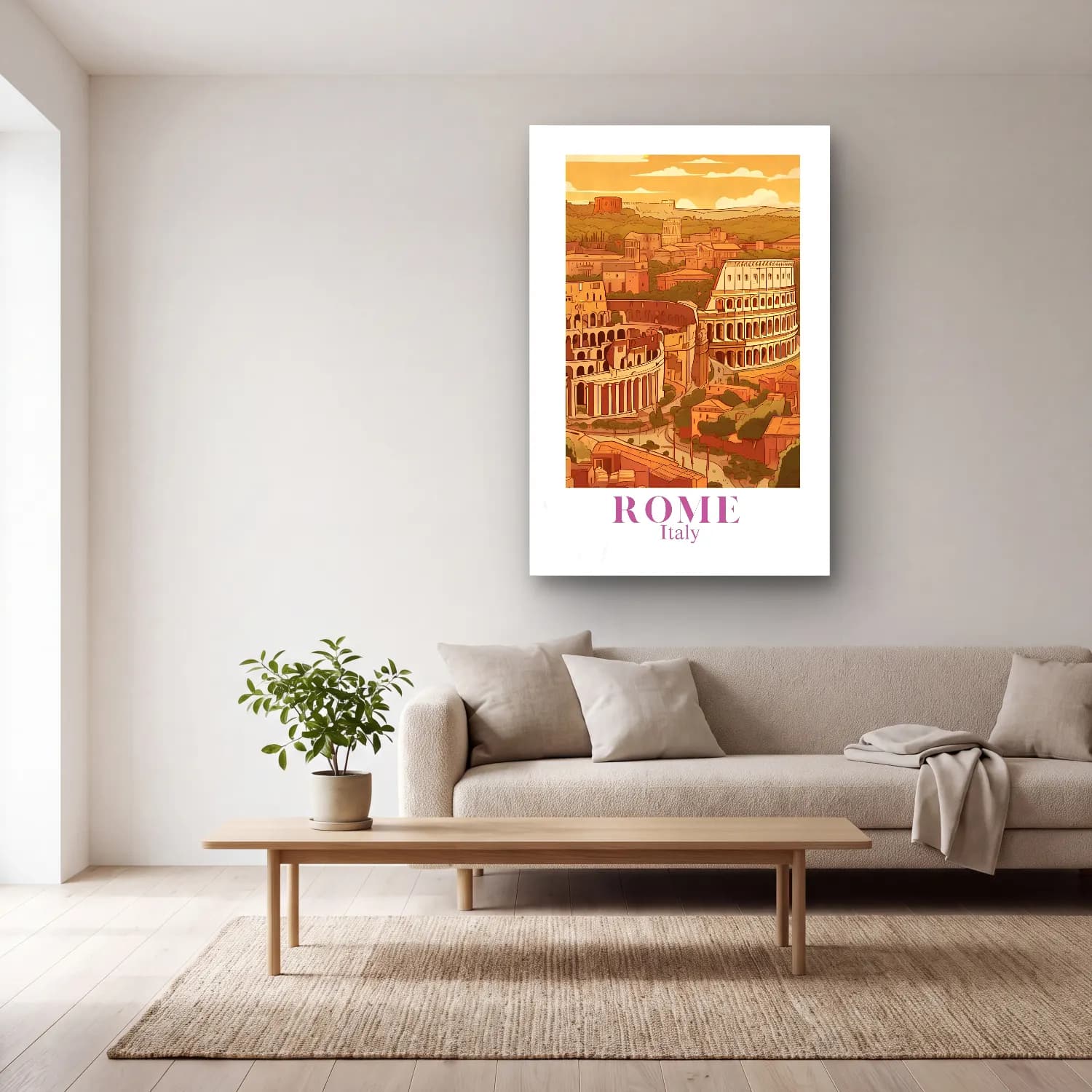 Vintage Poster Roma cam tablo — açık renk salonda