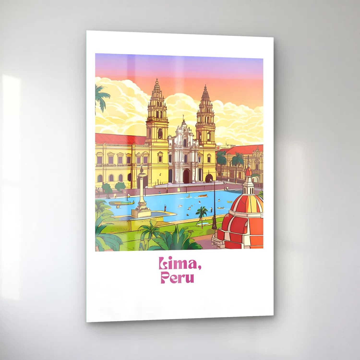 Vintage Poster Katedral – Pembe Tonlar cam tablo — sol açıdan görünüm